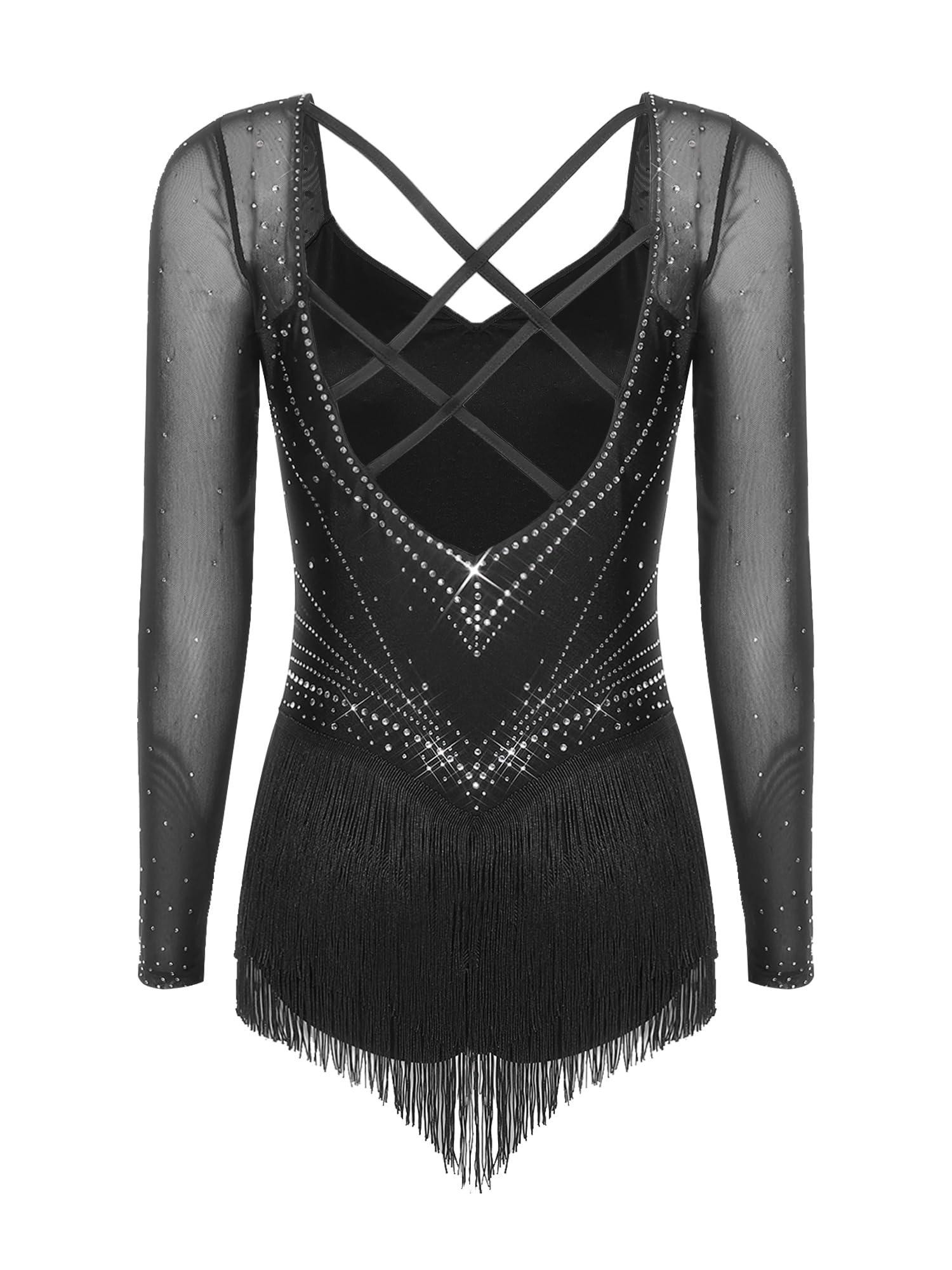 Kaerm Robe Danse Classique Femme Combinaison Dos Nu Gland Frange Tenue de Patinage Artistique Justaucorps Latine Jazz Tango Costume Compétition S-XXL