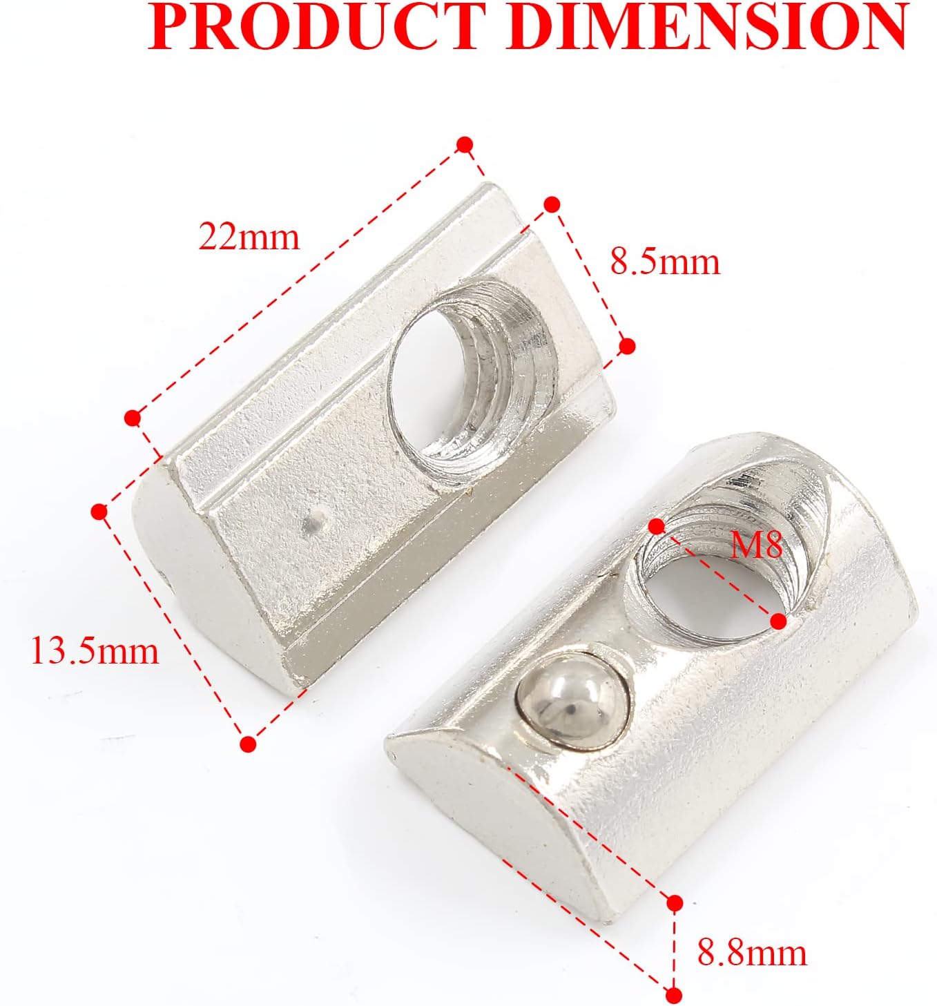 50 Pcs 4040 Series M8 Half Round Roll in Spring T Nuts, Roll in Spring Loaded T Nut for European Standard 40 Series 8mm T-Slot Aluminum Extrusion Profile
