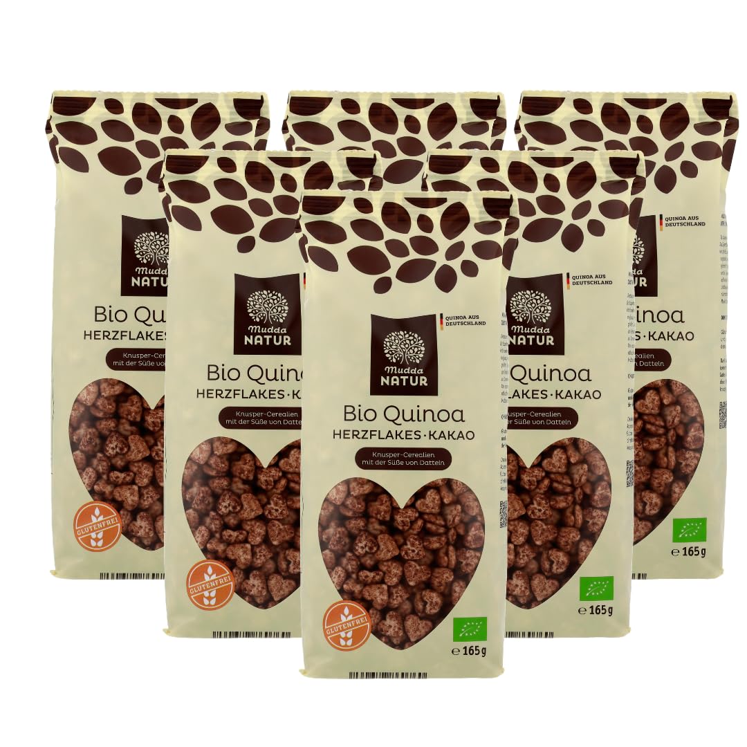 Mudda Natur Bio Quinoa Herzflakes Kakao 12x165g aus Deutschland | glutenfreie Bio Frühstücksflakes mit Kakao, natürlich mit Datteln gesüßt, vegan und knusprig