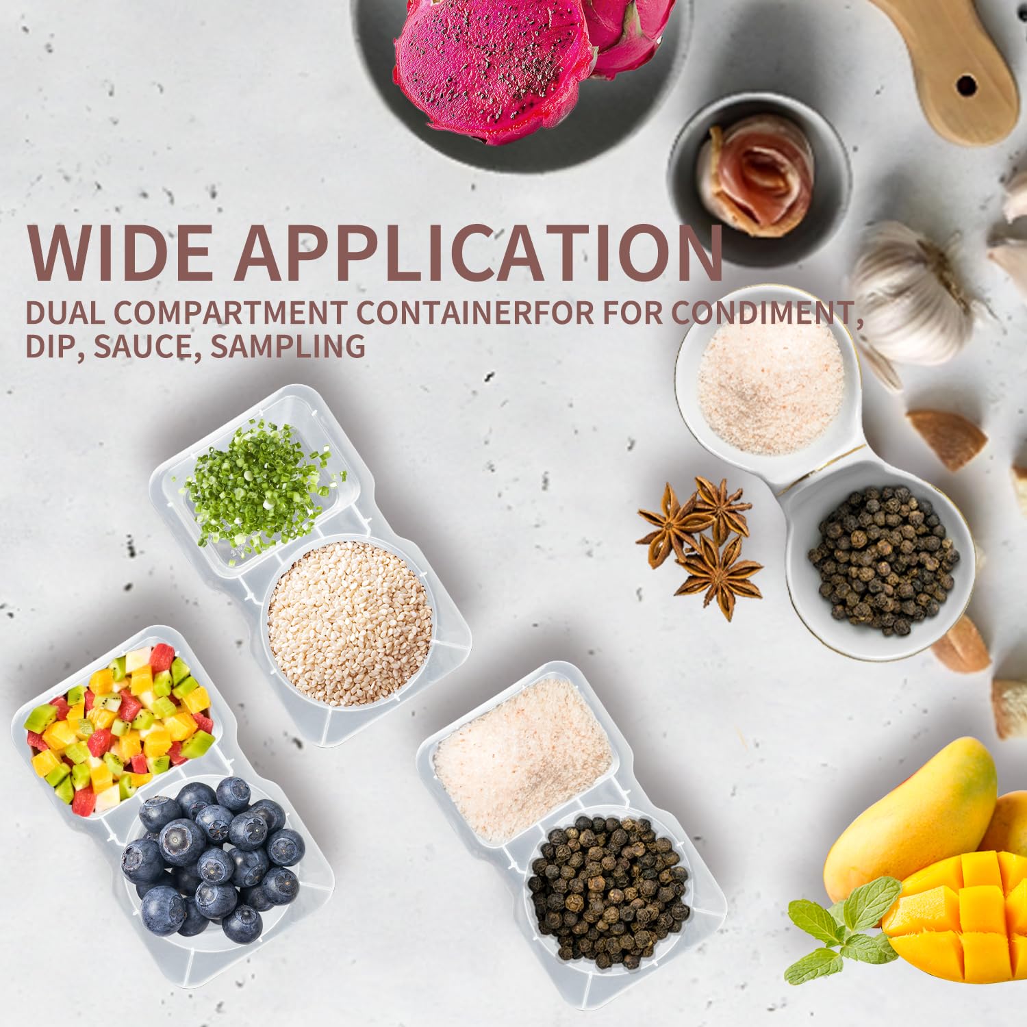 Set di 20 contenitori per snack con coperchio, contenitori per snack, a doppio scomparto, in plastica, per salse, insalata, snack, viaggi e condimenti da asporto