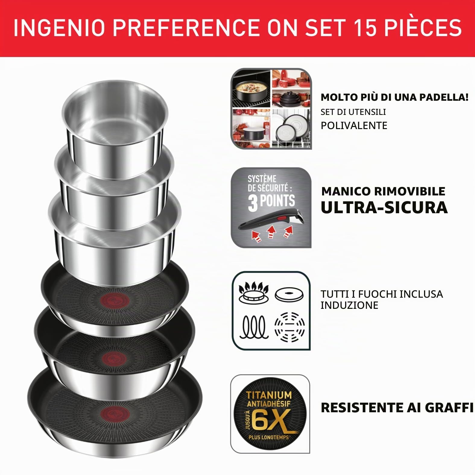 Tefal Ingenio Preference ON L9749532 - Set di pentole e padelle, impilabili, con manico rimovibile, salvaspazio, antiaderenti, a induzione, in acciaio inox, 15 pezzi