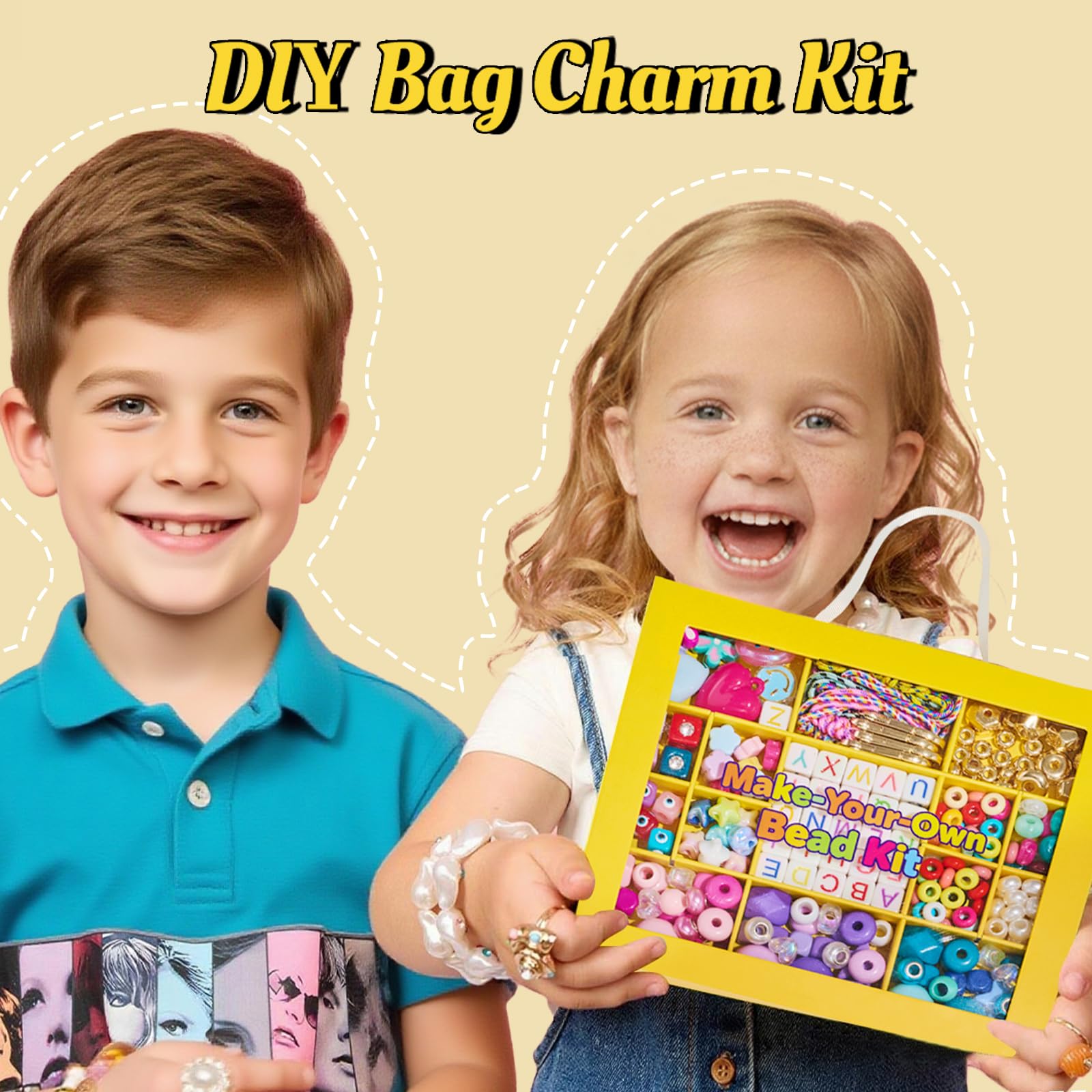 HolidayQbee Kit Perles DIY pour Bijou de Sac et Porteclef - Matériaux Complets avec Perles Formes Coeur/Fleur/Smiley + Lettres Alphabetiques - Accessoire de Sac Personnalisable