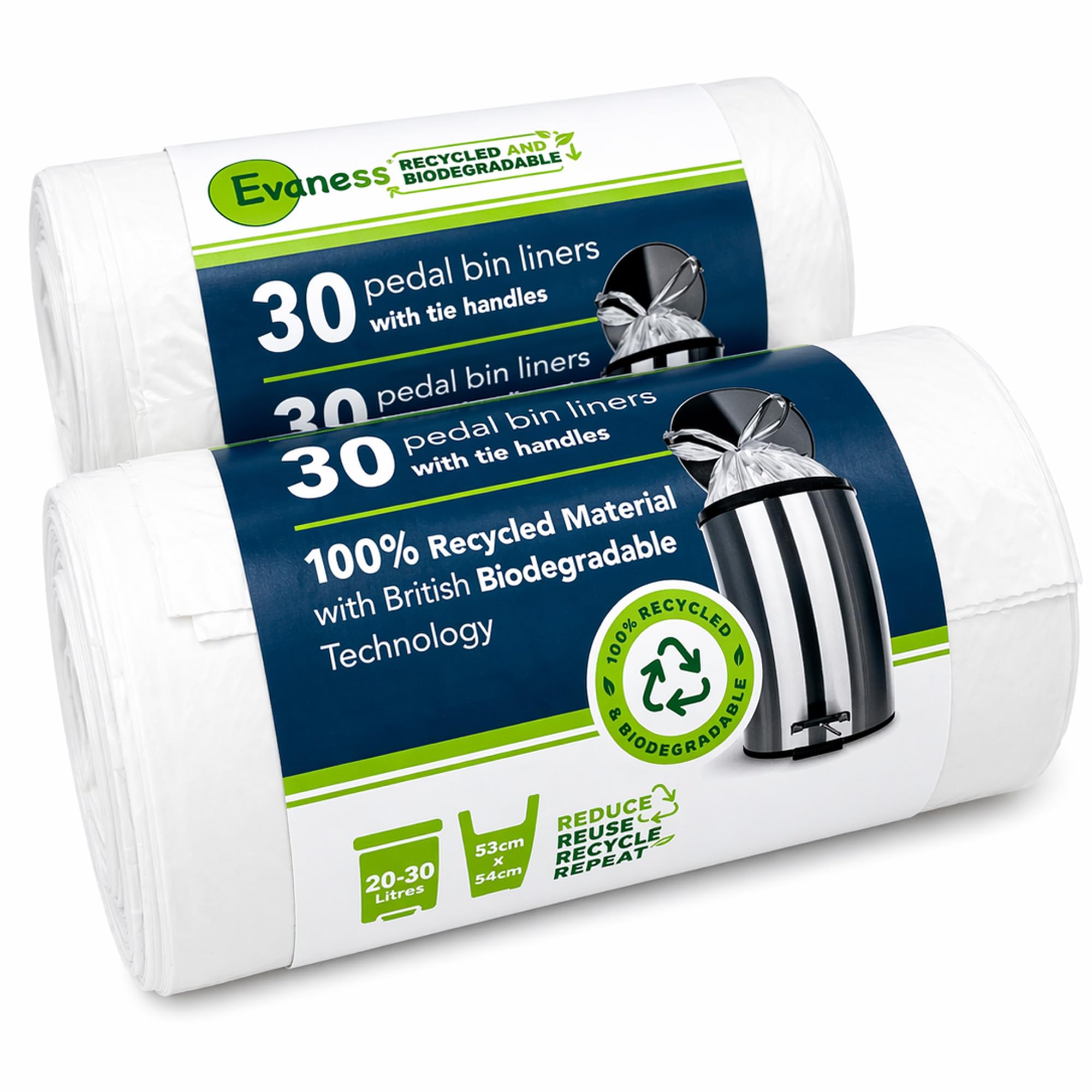 Evaness White 60 Bags Tie Handle Pedal Bin Liners 20L/30L – Biodegradable Recycled Bags
