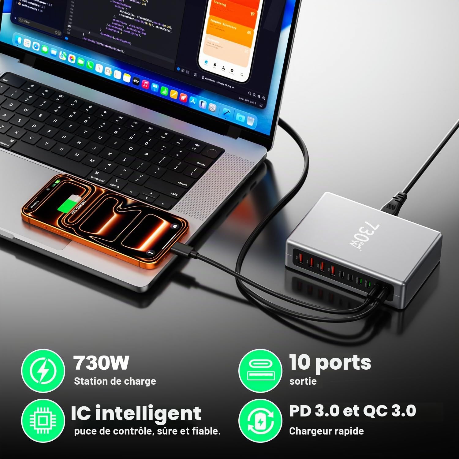 730 W Chargeur USB C avec 10 Ports, Chargeur USB pour Ordinateurs Portables, téléphones Mobiles, tablettes, Station de Recharge Rapide avec 6 Ports USB C + 4 Ports USB A, Alimentation PD