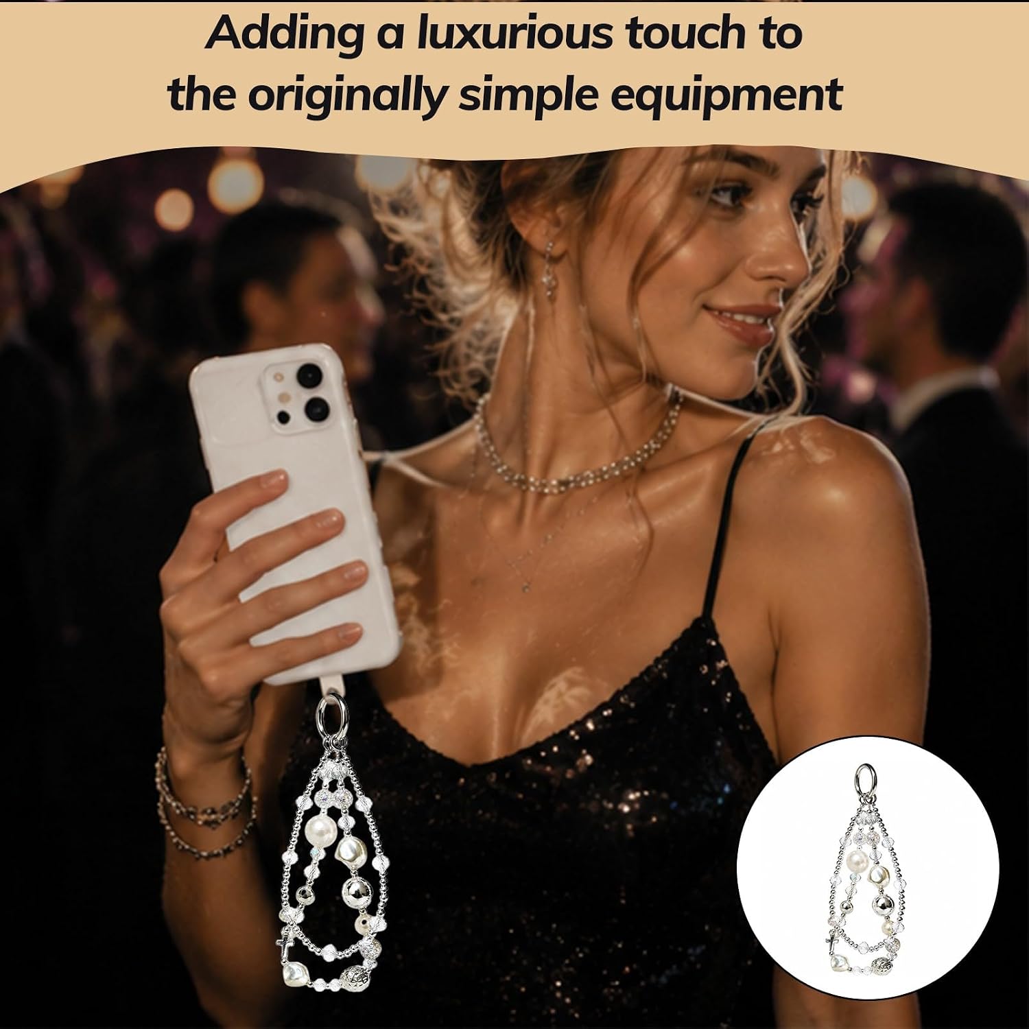 1 Piece Elegant Keychain White Pearl Crystal Glass Beaded Wrist Strap Phone Wristlet Phone Jewelry for Cellphone & Handbag Charms image 5