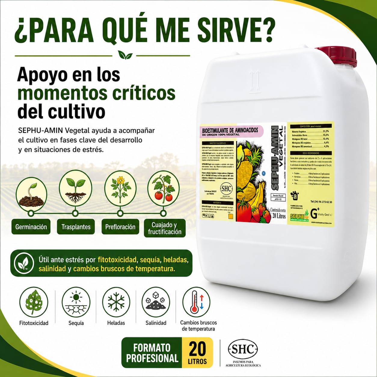 SEPHU Bioestimulante de Aminoácidos 100% Vegetal para tus plantas y cultivos potenciando su enraizamiento, 20 Litro, Certificado Agricultura Ecológica, Mejora Crecimiento y Resistencia