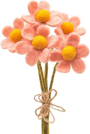 Glaciart One Felt Flowers Artificial Bouquet - 5 pcs | Reusable, Washable and Essential Oil Ready Pastel Artificial Flowers w/Bendable Wire Stem | Great as Gift and Home or Event Decorations
