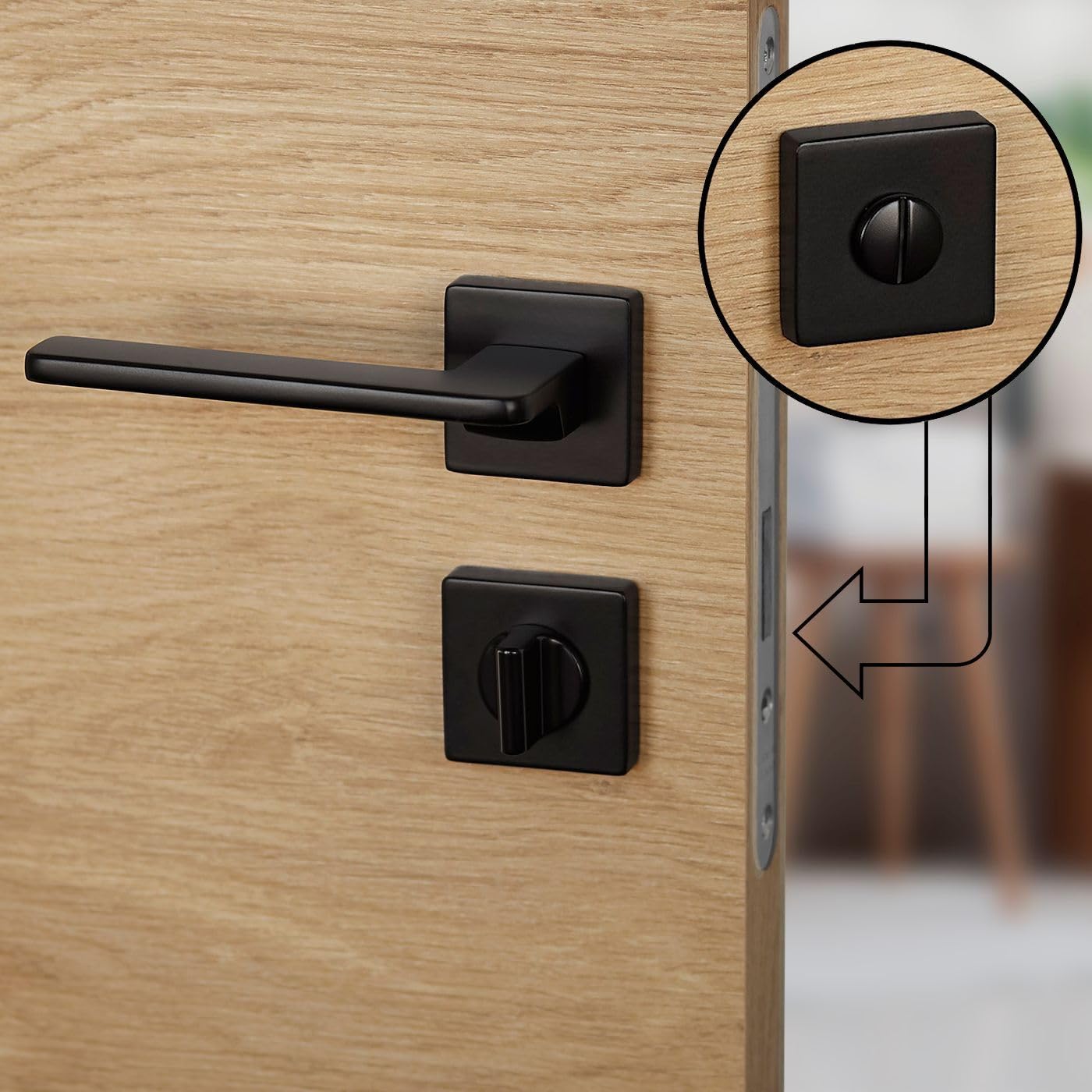 Gedotec Set Di Maniglie Per Porte Nero Opaco [Bagno] 1x Maniglia Per Porte Con Rosetta Rotonda I Maniglie Per Porte Interne L-FORM I Maniglia Per Porte Con Spessore 35-47 Mm