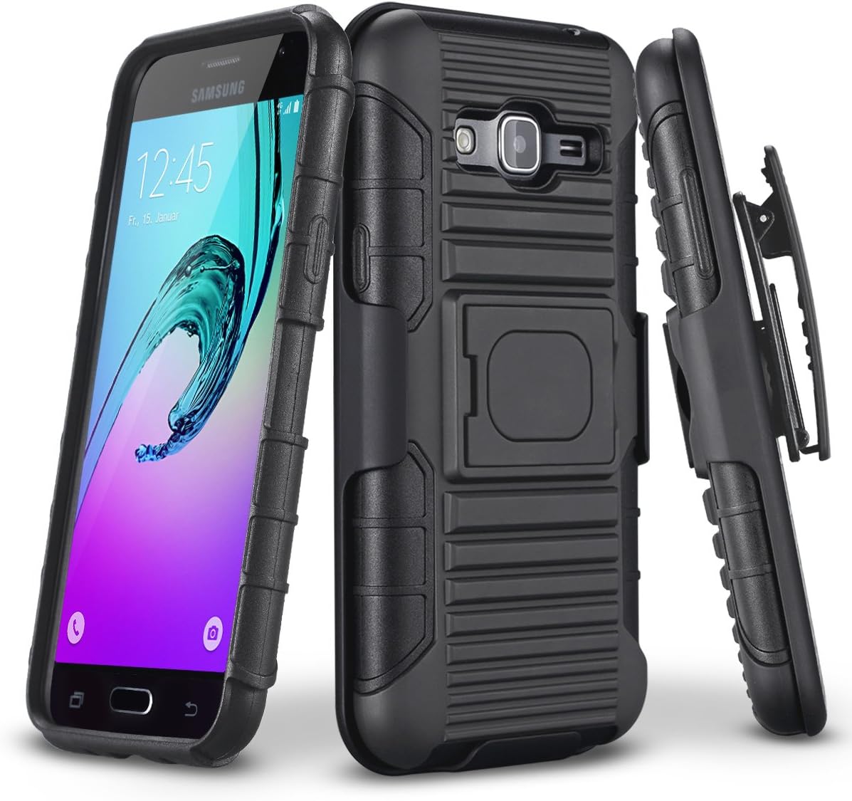 Galaxy Sky Case, J3/J3 V Case, Galaxy Sol Case, TILL Holster Locking Belt Swivel Clip Heavy Duty [Built-in Kickstand] Combo Case Defender Cover for Samsung Galaxy Amp Prime/Express Prime [Black]