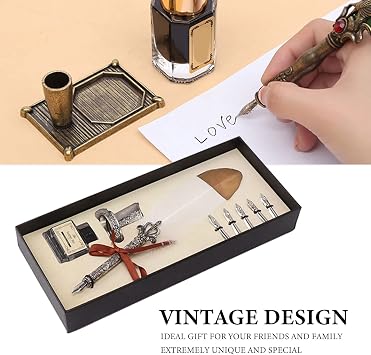 Feather Pen and Ink Set, Glittering Quill Pen Set Luxury Vintage Calligraphy Dip Pen with Ink, 5 Replacement Nibs, Pen Stand Base for Writing Guest Signature or Gift Wedding Bridal Office Party Favors