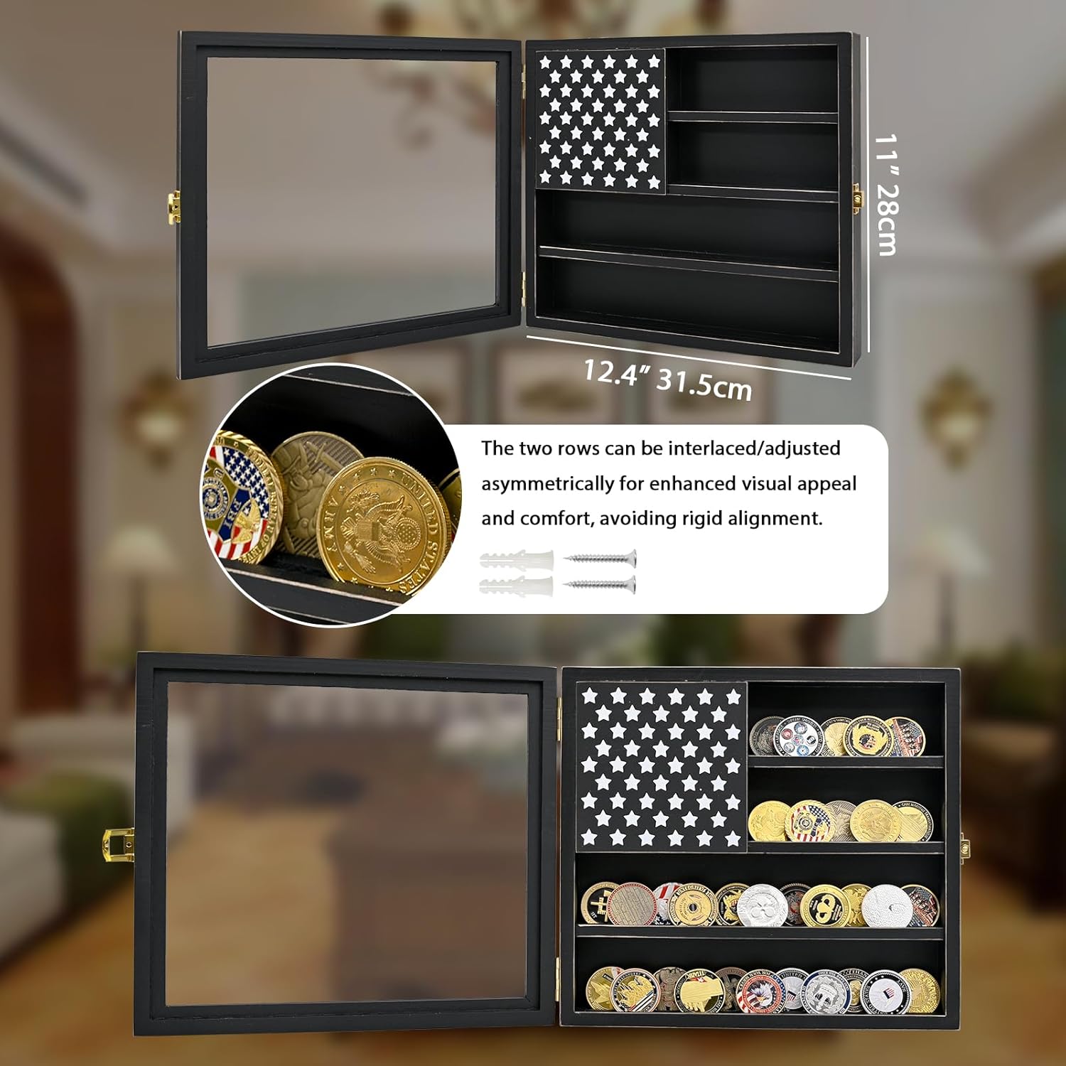 SwallowLiving Wall Mounted Challenge Coin Display Stand with Acrylic Glass, Wooden Black Military Coin Holder Rack