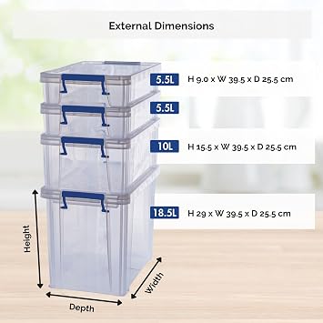 Bankers Box Plastic Storage Boxes with Lids, Pack of 4, 2x 5.5 Litre + 1x 18.5 Litre + 1x 10 Litre. ProStore Strong Stackable Plastic Storage Boxes, Made in the UK, Clear
