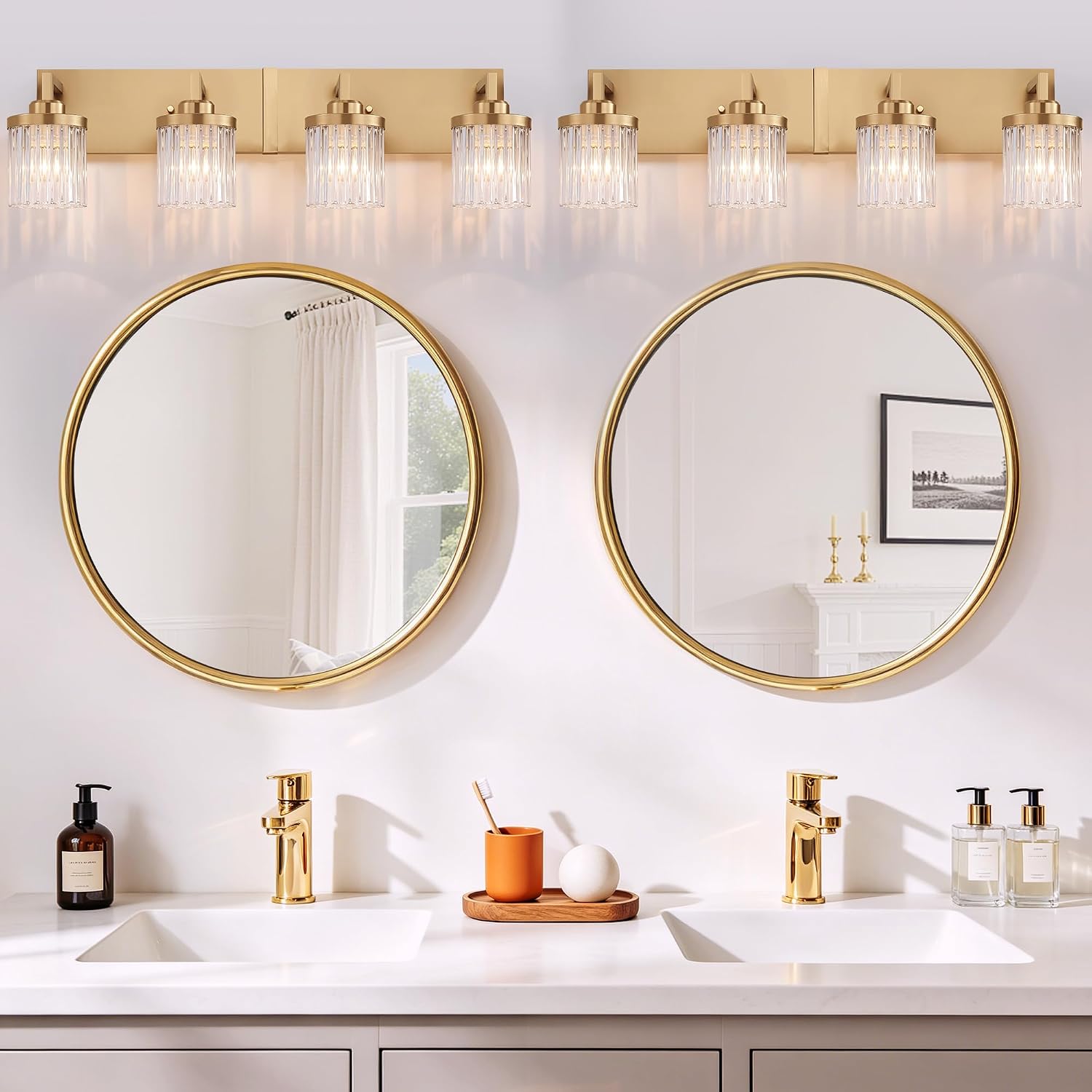 Modern Crystal Bathroom Light Fixtures, 4 Light Gold Vanity Lights, with Crystal Glass Shade, Industrial Bathroom Lighting Fixtures Over Mirror Wall Light for Bedroom Living Room