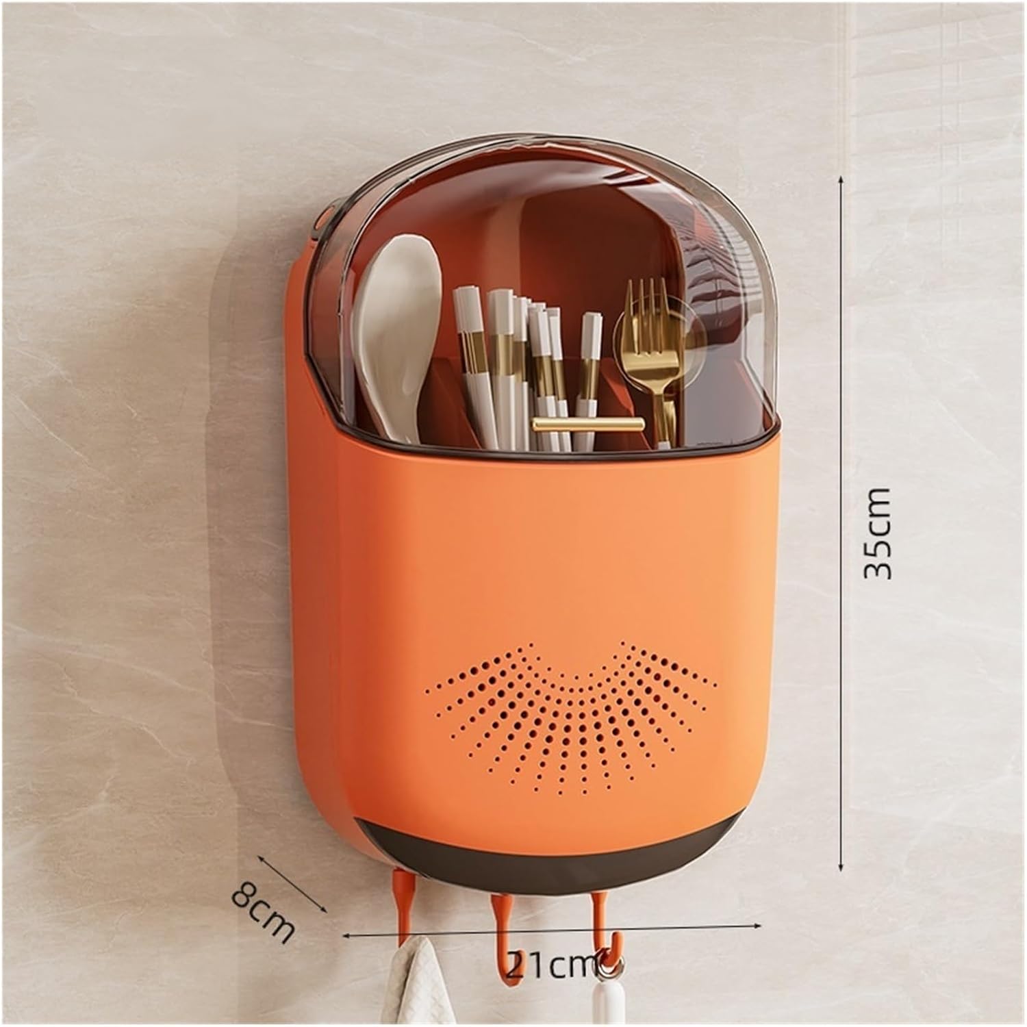 Wall Mounted Cutlery Drainer with Lid - Kitchen Utensil Organizer for Spoons Chopsticks Forks - Dustproof & Waterproof Storage Box(Orange)