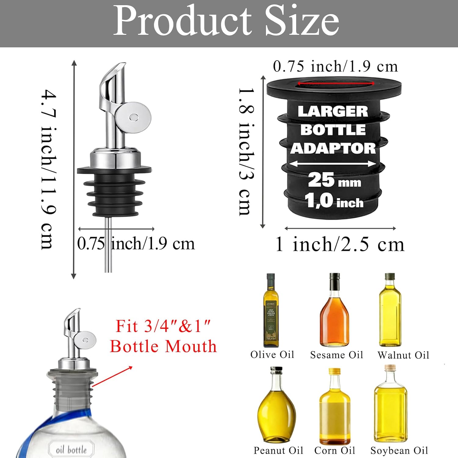 Pafusen Olive Oil Pour Spout with Adapters, Oils Pourer for Olive Oil Dispenser Bottle, Easily Turn Your Bottles into Dispensers for Liquor,Oils,Bottle Pourers (Sliver, 12 Pack Pour +Adapters)