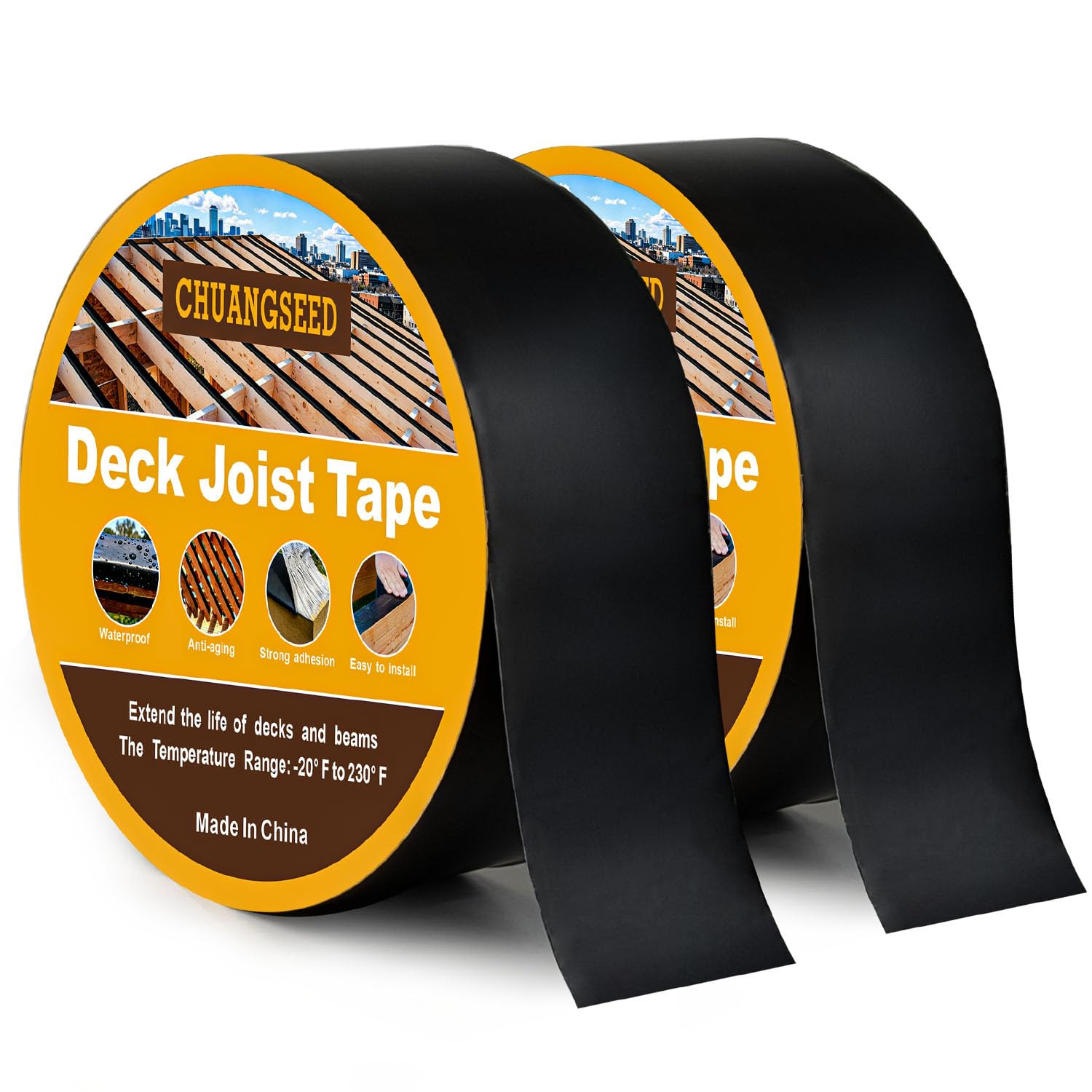 CHUANGSEED 2Rolls Black Deck Joist Tape, 50mm x 15.2m Butyl Rubber Waterproof Anti-Corrosion Protection Tape for Wood Beam for Outdoor Terrace, Wooden Walkway, Garden Decking Maintenance
