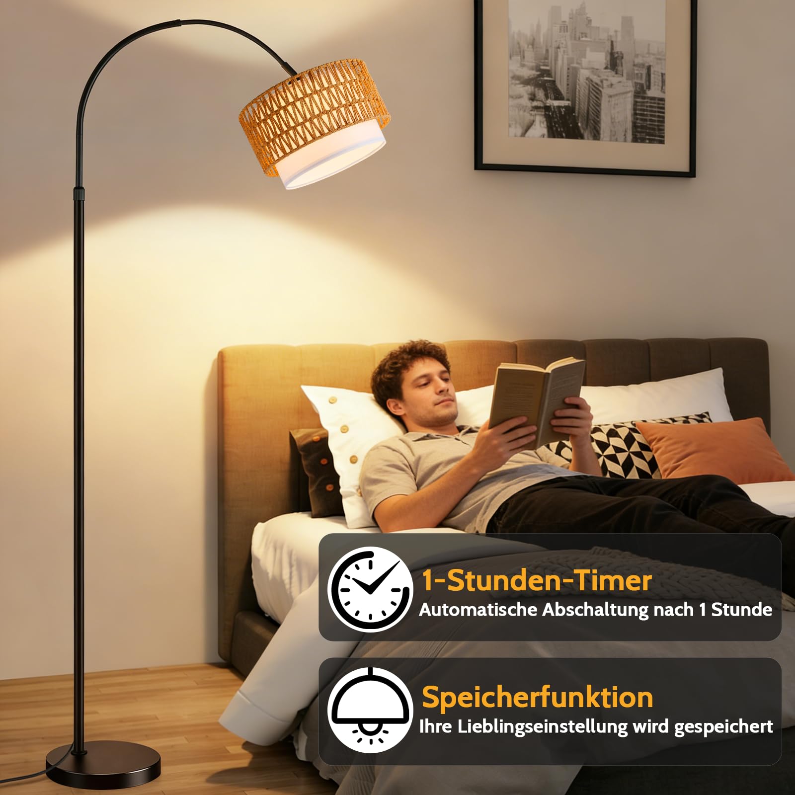 Boho Stehlampe Wohnzimmer Stehleuchte Rattan Bogenlampe Schwarz | Vintage Bogenleuchte Standlampe Bogen Wohnzimmerlampe stehend mit Fernbedienung Leselampe für Schlafzimmer Büro