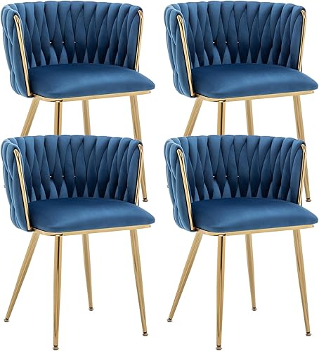 Miniatura 15 de Kiztir Juego de 4 sillas de comedor de terciopelo modernas tapizadas con respaldo tejido y patas de metal dorado para sala de estar, dormitorio,