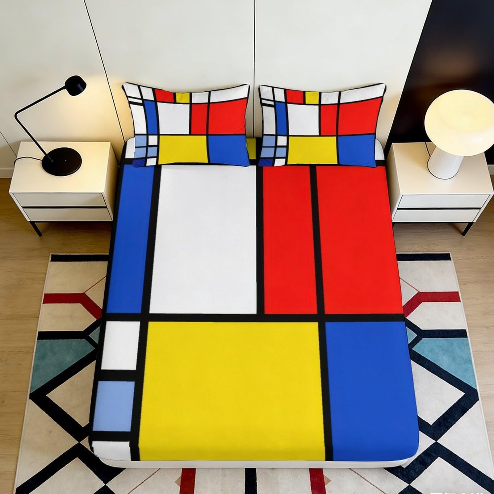 3D Printed Mondrian Abstract Fitted Sheet Microfiber Soft Red Blue Yellow Bed Cover for Bedroom Guest Room Decor Dustproof 90x200x25cm