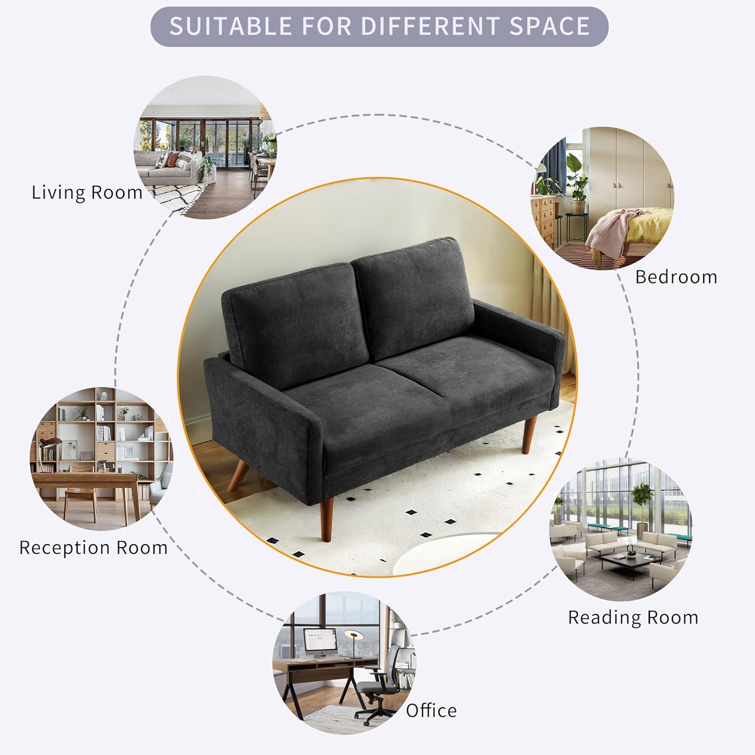 55" Modern Futon Loveseat Couch,Velvet Upholstered 2 Seater Sofa Couches, Comfy Mini Sleeper Sofas for Bedroom, Apartment, Office,Dorm,Small Space,Studio (Black, 55")