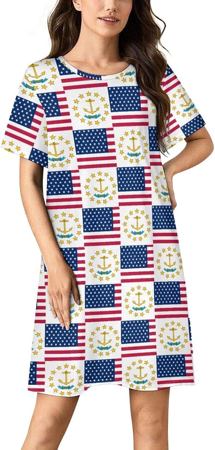 Flag of Usa And Rhode Island Nightgowns for Women Short Sleeve Sleep Dress Casual Sleepshirt Night Gowns Pajamas
