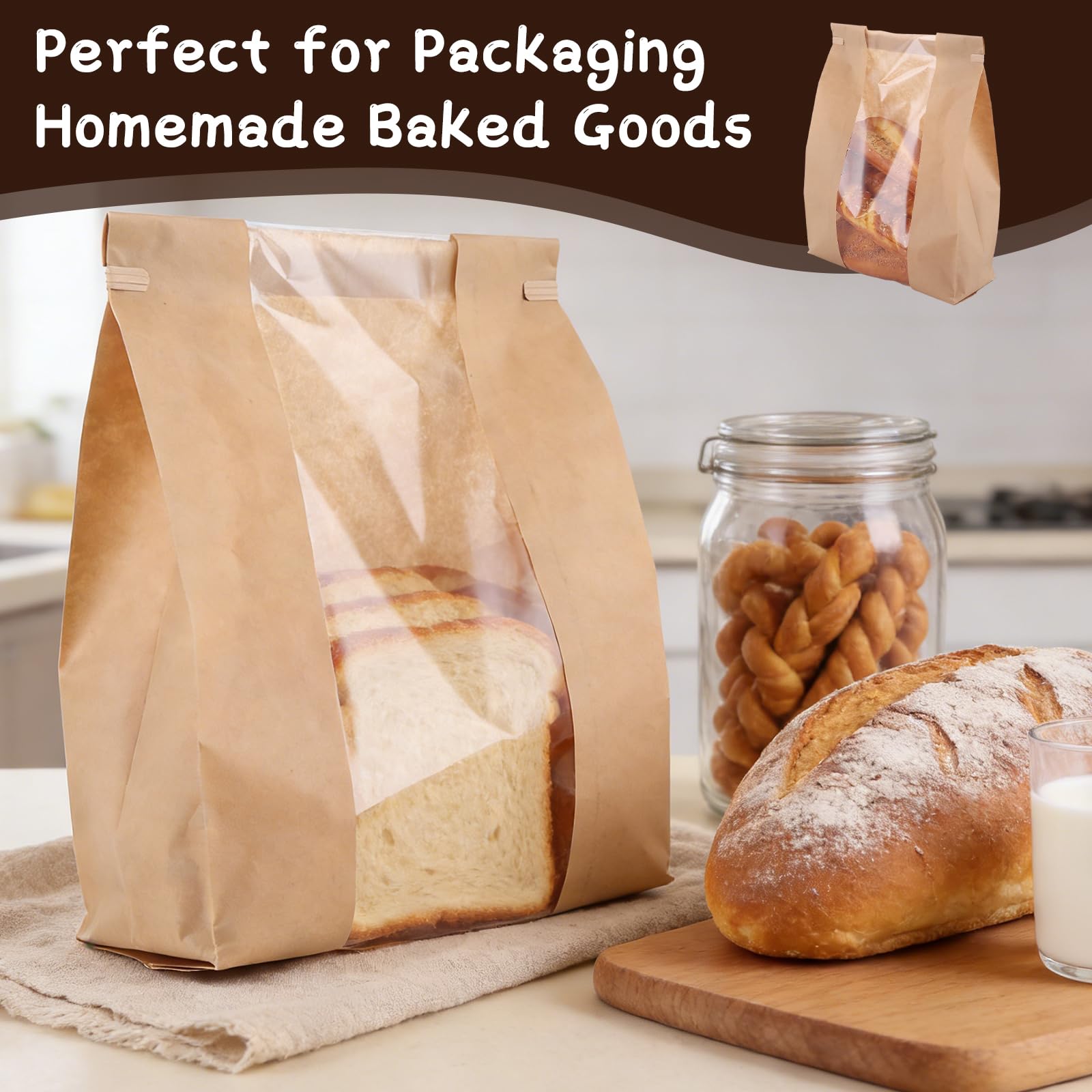 150 sacchetti di carta per pane fatti in casa, sacchetti per pane a lievito naturale con finestra e grandi sacchetti di carta adesivi di ringraziamento, sacchetti per panini per imballaggi al