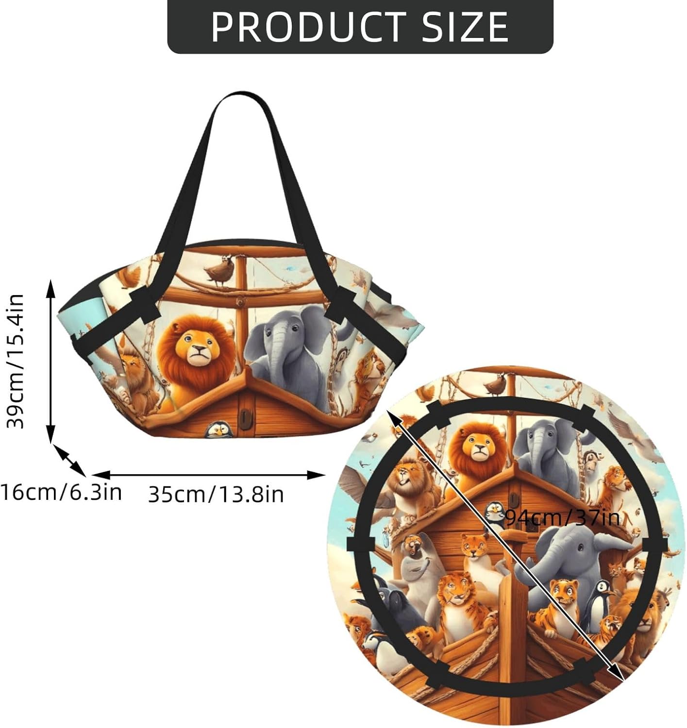 Animal Filled Noahs Ark Pattern Foldable Camping Tote Bag Picnic Blanket Bag Portable Beach Mat Tote Waterproof Outdoor Picnic Mat Carry Bag