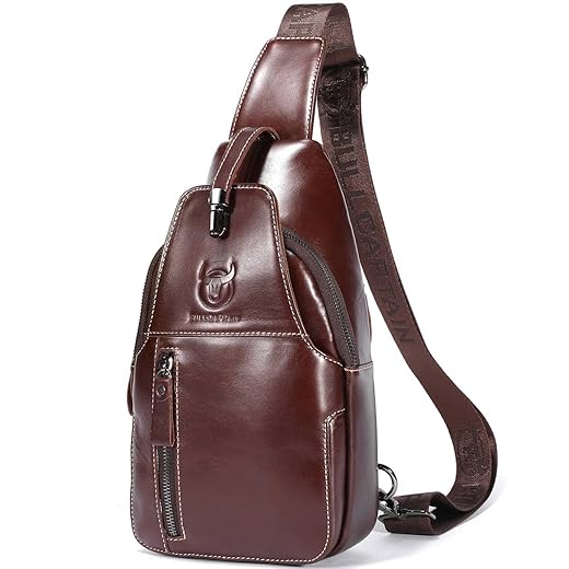 BULLCAPTAIN Genuine Leather Sling Bag Mens Crossbody Backpack for Hiking Casual Daypack Shoulder Chest Bag with USB Charging Port (Coffee)