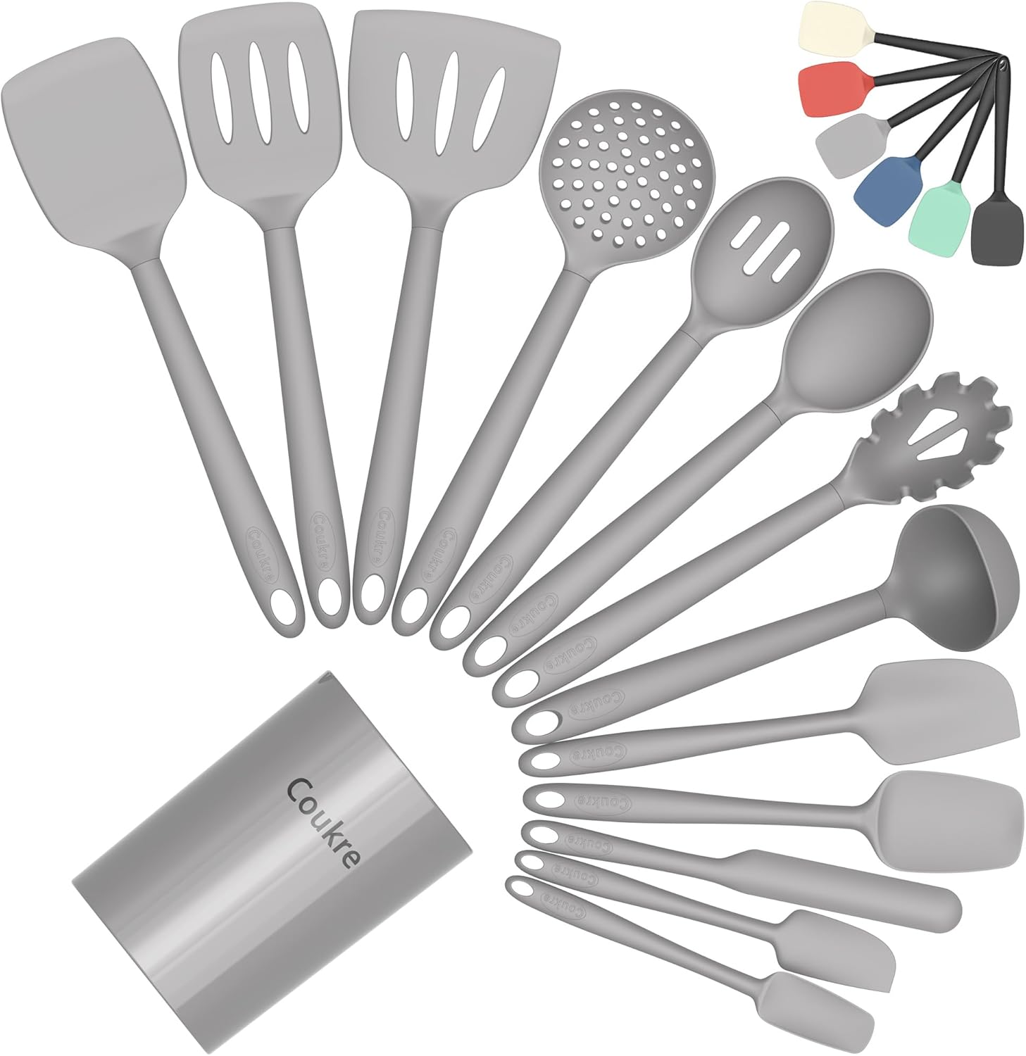 Coukre Silicone Kitchen Cooking Utensils Set with Holder  Heat-Resistant, Food-Grade Kitchen Tools, Spatula, Spoon & Gadgets for Non-Stick Pans, Dishwasher Safe (14, PureGray)