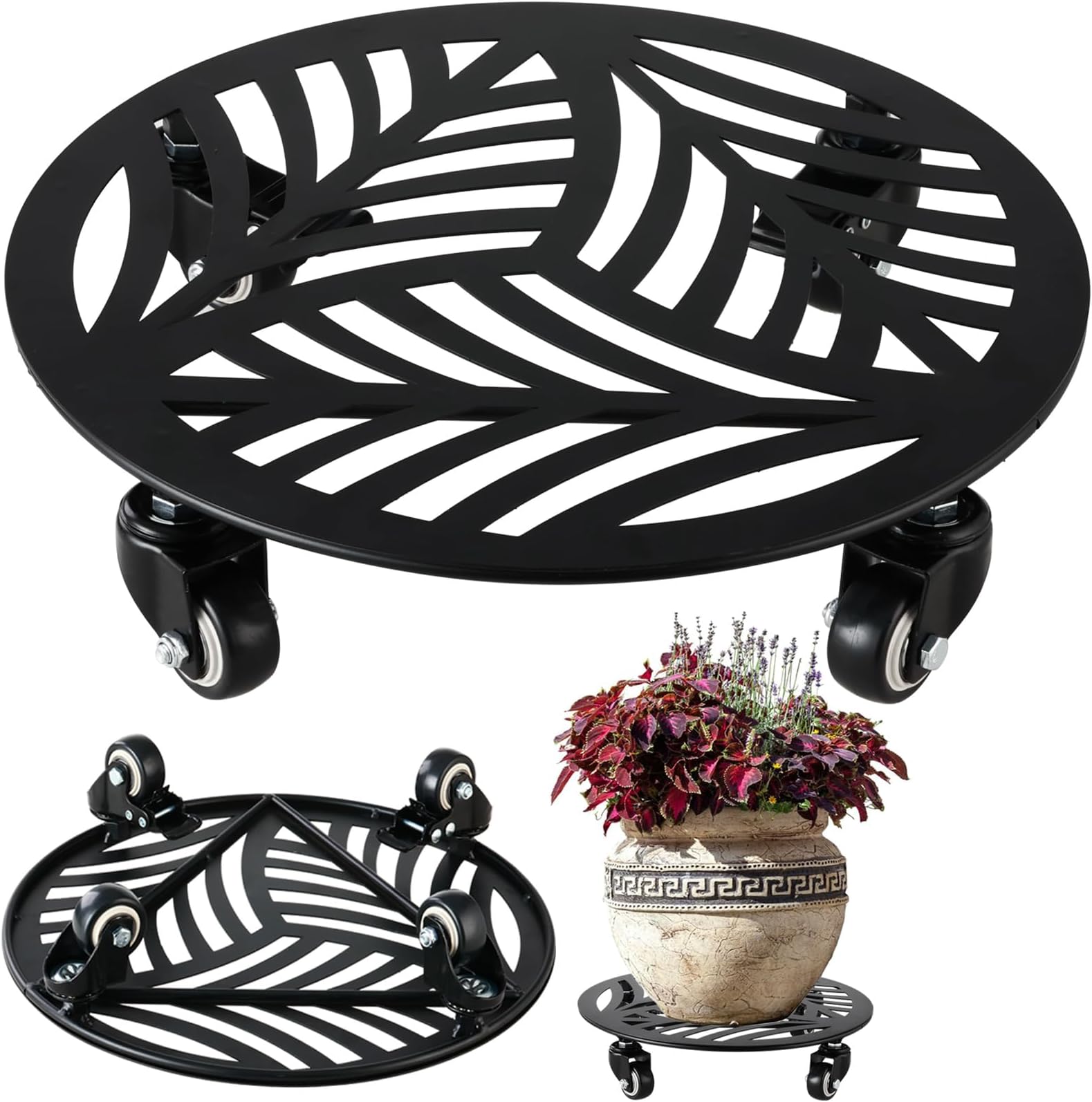 1 Pack Large Metal Plant Caddy with Wheels 13.6 Inches Heavy-duty Wrought Iron Rolling Plant Stand with Casters Indoor Outdoor Plant Roller Base Planter Movers Plant Dolly Coaster Trolley Black