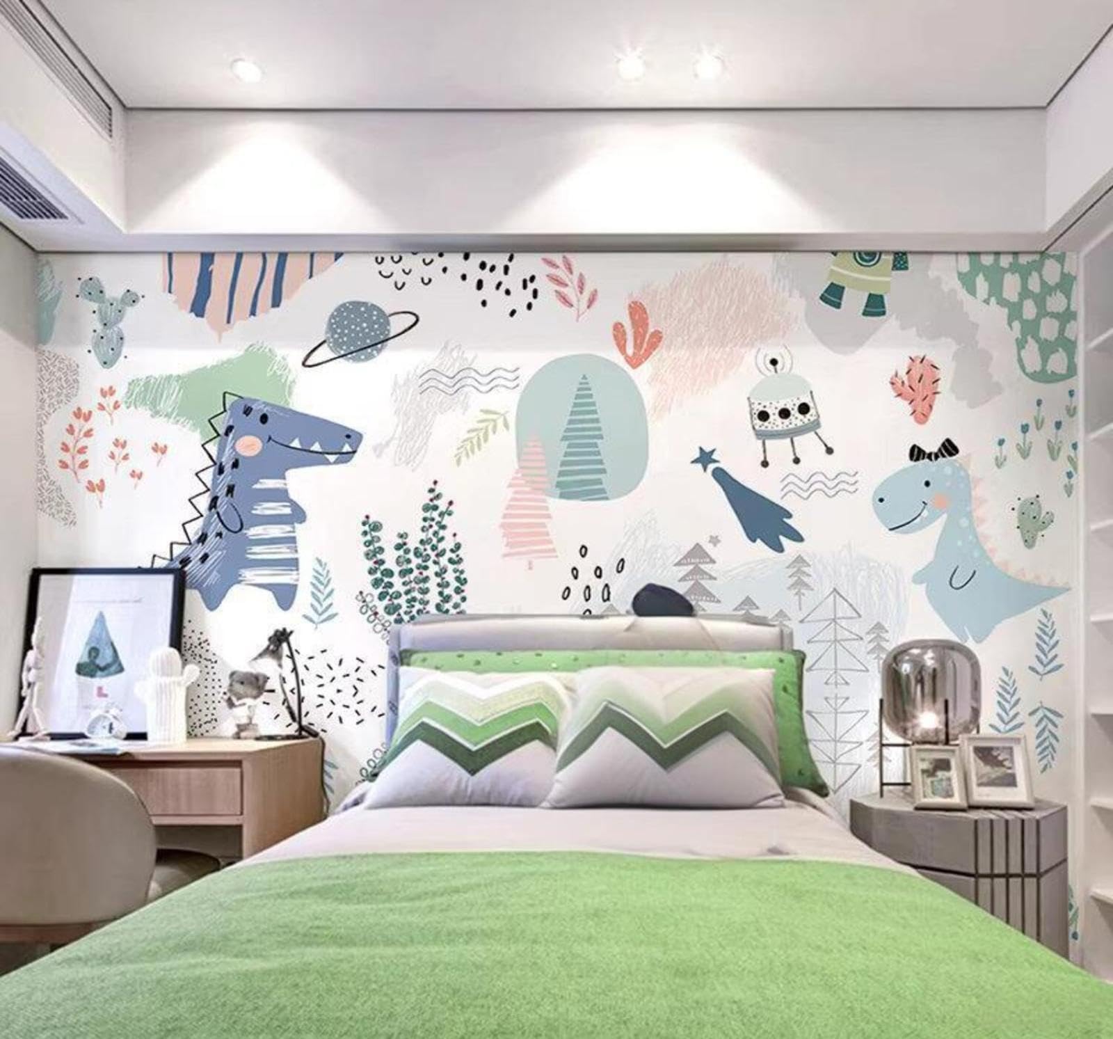Cartoon Hand Drawn Cute Dinosaurs Plants 3D Wallpaper Easy Install Feature Office Living Room Sofa Bedroom TV Background Wall Decoration-150cm×105cm