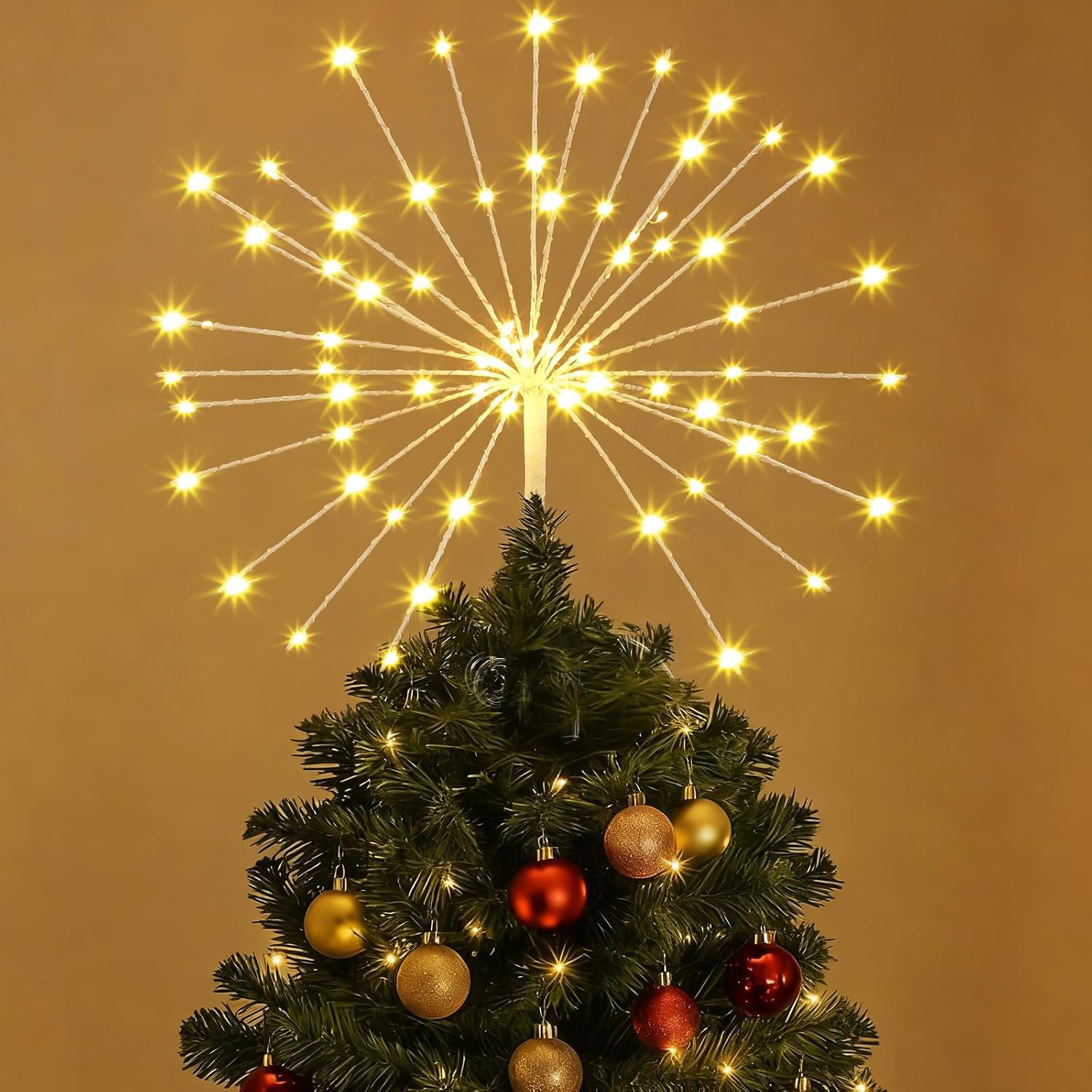 VIHOSE 18in Christmas Tree Topper with LED Light Timer Function Twinkle Lights Starburst Tree Topper for Holiday Battery Twinkle Firework Lights String for Party Indoor Garden Decoration(Warm White)