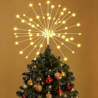 VIHOSE 18in Christmas Tree Topper with LED Light Timer Function Twinkle Lights Starburst Tree Topper for Holiday Battery Twinkle Firework Lights String for Party Indoor Garden Decoration(Warm White)