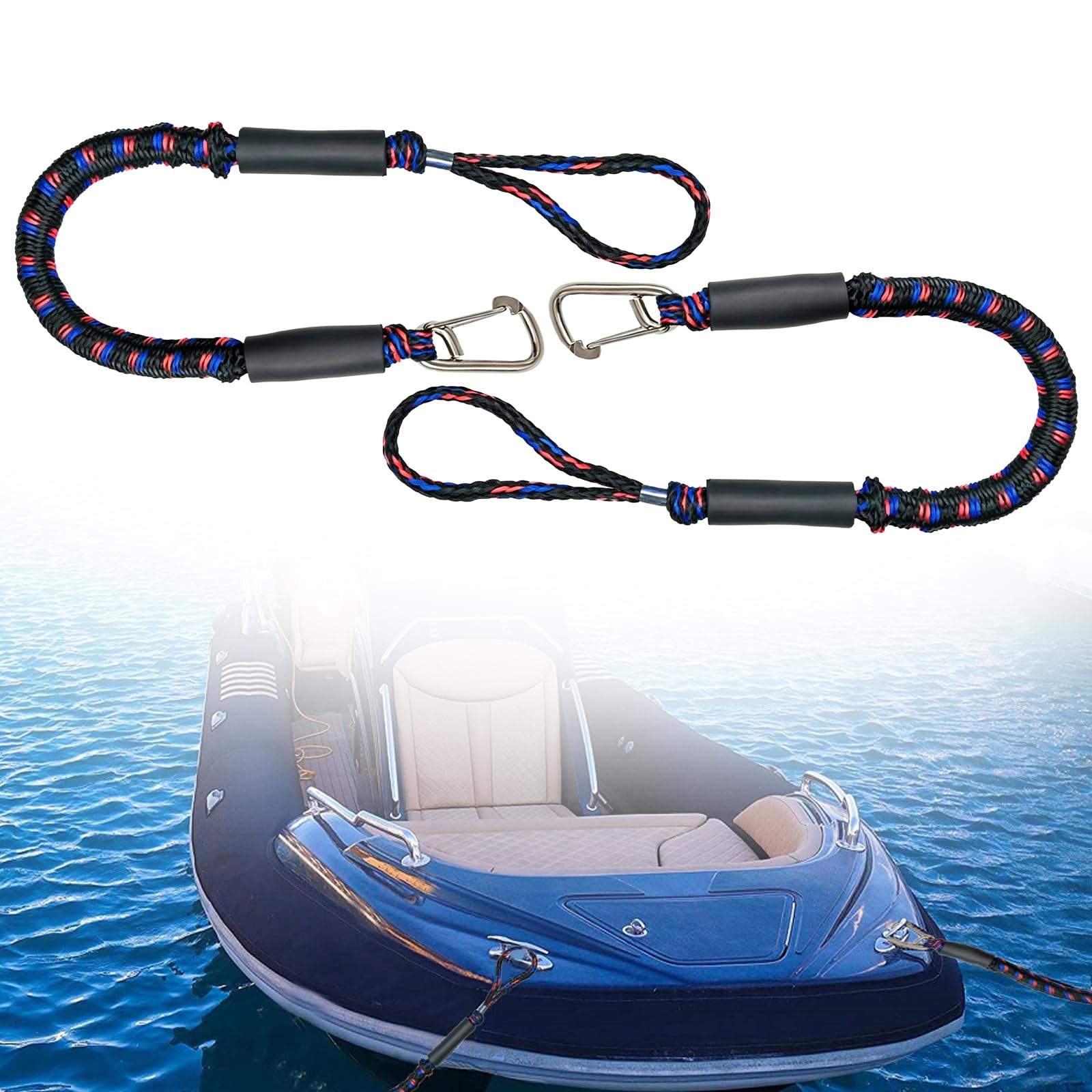 2 PCS Cordon Elastique Amarre Cordon Bateau, Bungee Dock Line, Corde d'Amarrage de 1,2 m avec Clip et Boucle en Acier Inoxydable, Lignes D’Amarrage Élastiques pour PWC, Kayak, Jet Ski, Ponton