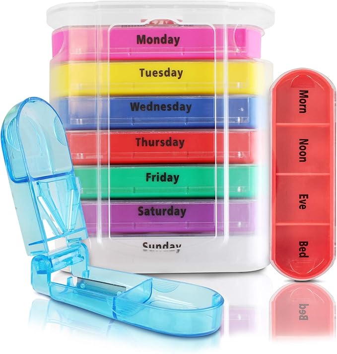 Vive 4 Times a Day Pill Organizer Weekly Medicine Holder AM PM Dispenser Case with Splitter