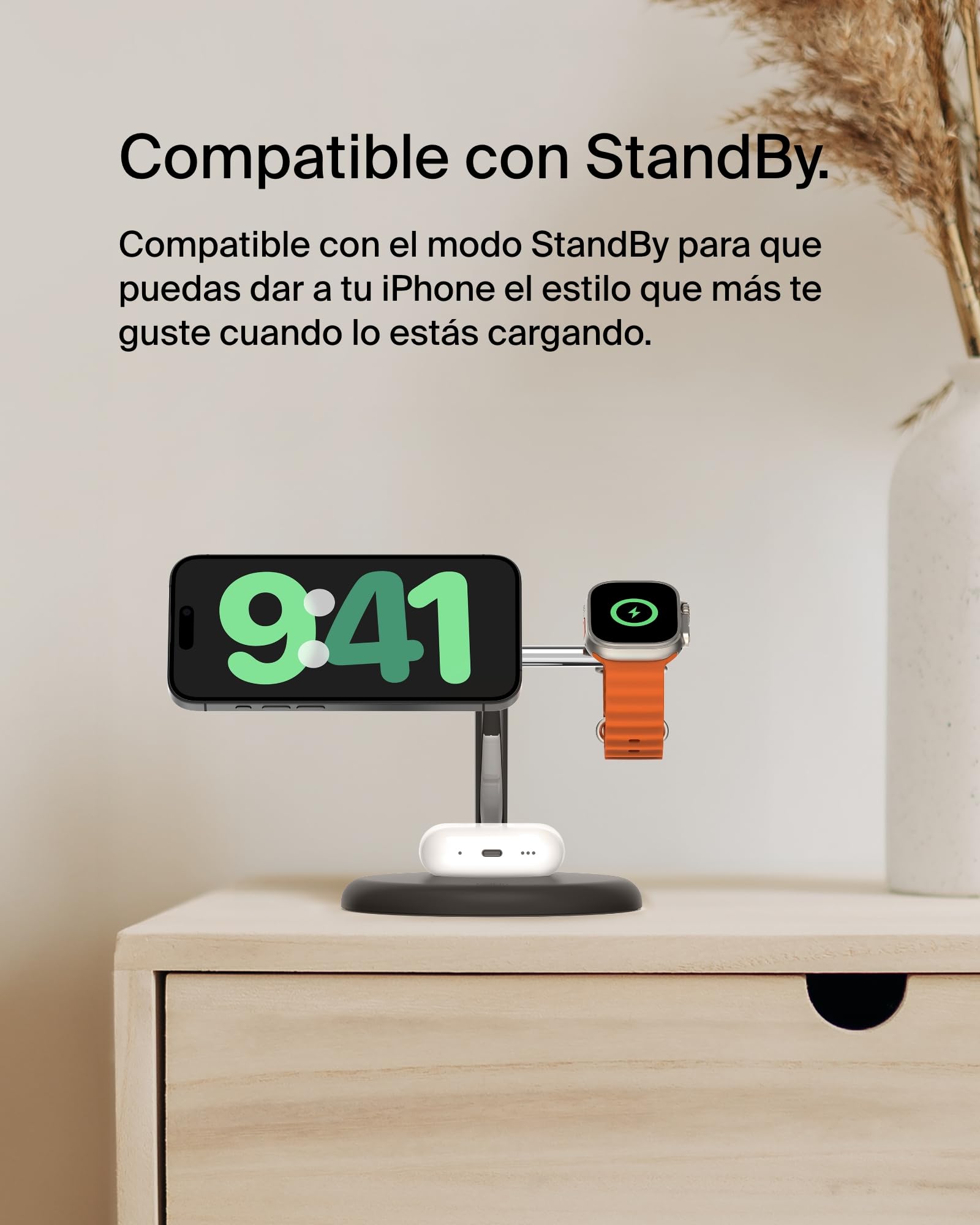 Belkin Soporte de Carga Inalámbrica 3 en 1 con MagSafe, Cargador Magnético Qi2, 15W, Carga Rápida para iPhone 17, Air, Pixelsnap, AirPods, Apple Watch y otros (fuente de alimentación incluida) - Negro