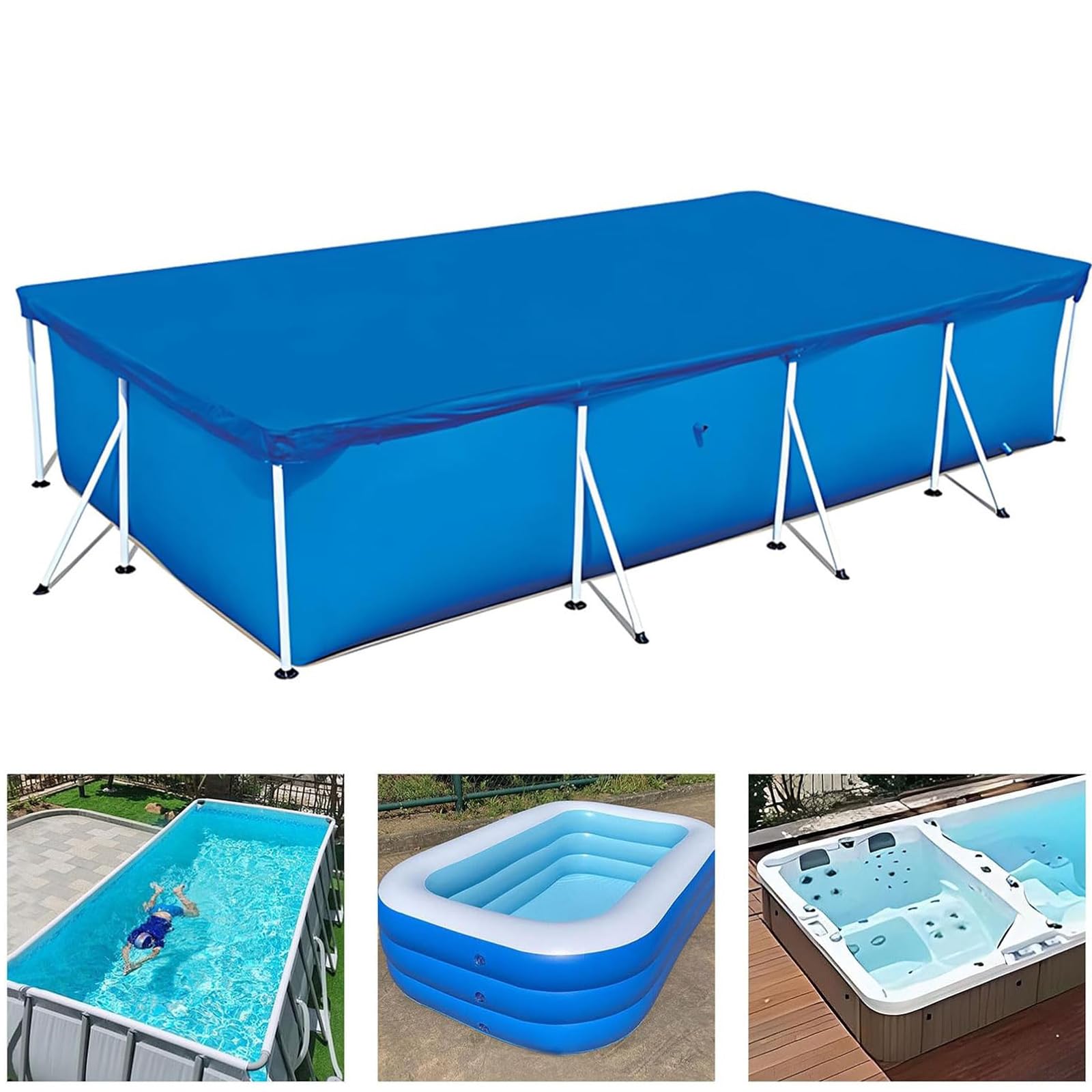 Rectangular Swimming Pool Cover, 221 x 150 cm Blue Universal Waterproof Pool Cover for Above Ground Pools, Easy Set, Washable, Pool Protection