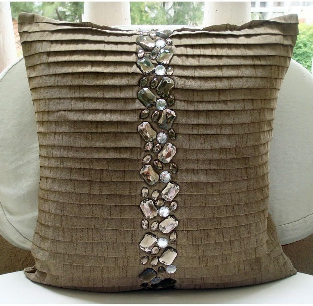 The HomeCentric Cushion Cover, Champagne Brown Pillow Cover, Contemporary Throw Pillow Cover, 12x12 inch (30x30 cm) Pillow Cover Decorative, Art Silk Square Cushion Cover, Crystals - Almost Real