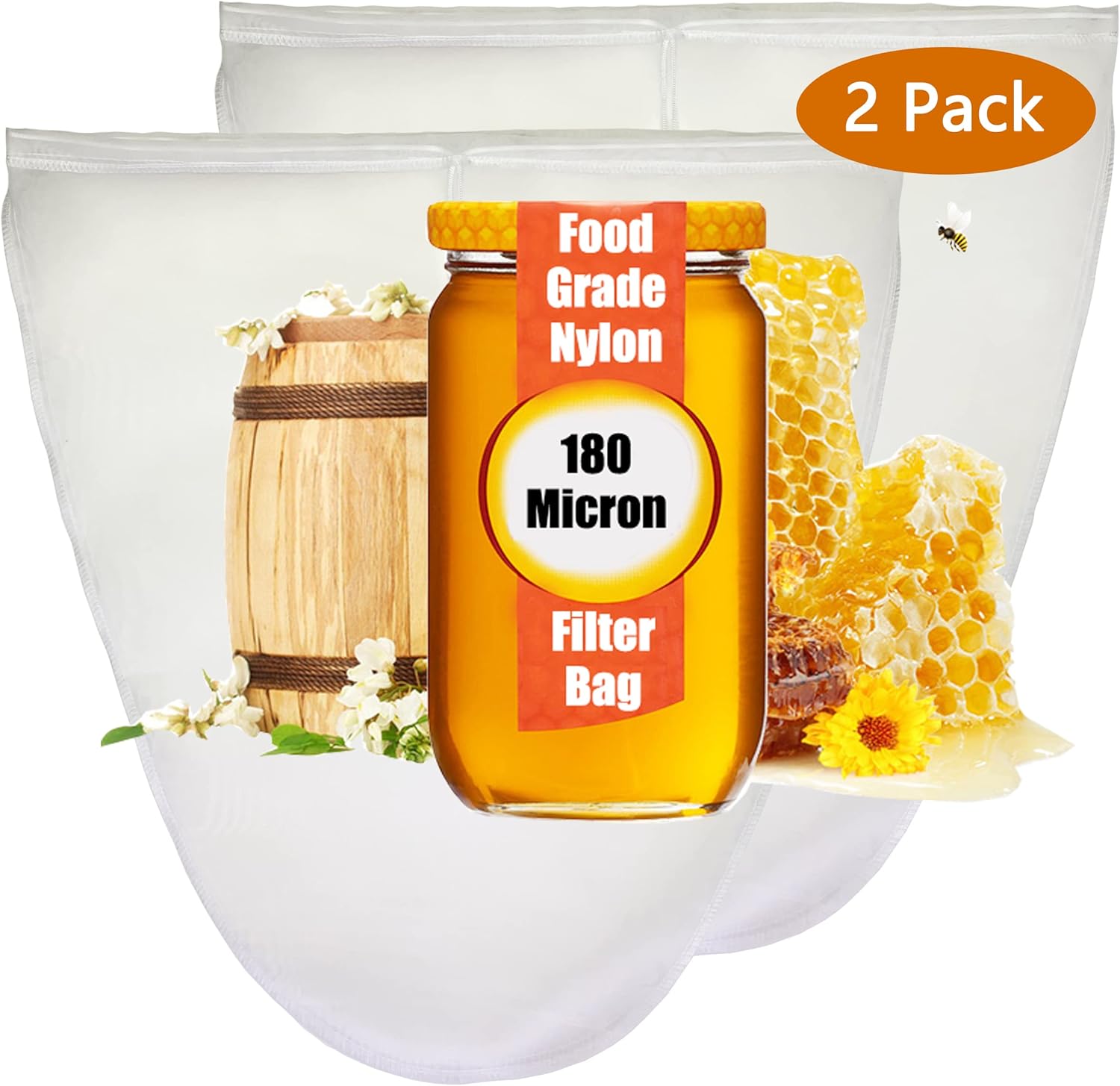 2 Pack, Honey Filter Food Grade Nylon Mesh Bag, 20 Inches X 22 Inches, Fine 180