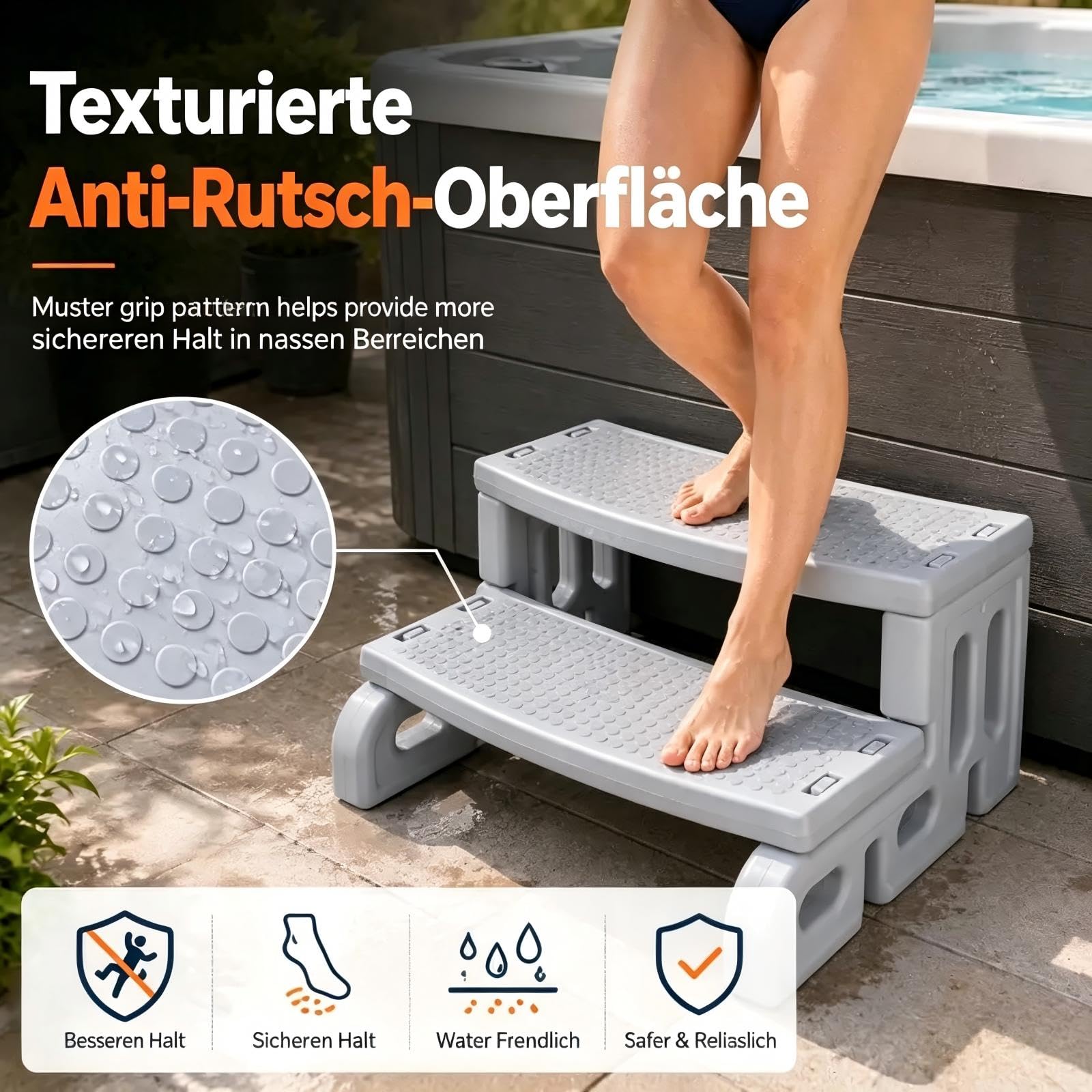 Whirlpool Treppe, 2 Stufen rutschfeste tragbare Universal Whirlpool Treppe aus Kunststoff für den Außenbereich, geeignet für Badewanne, Whirlpool, Wohnwagen, Wohnmobil, Terrasse