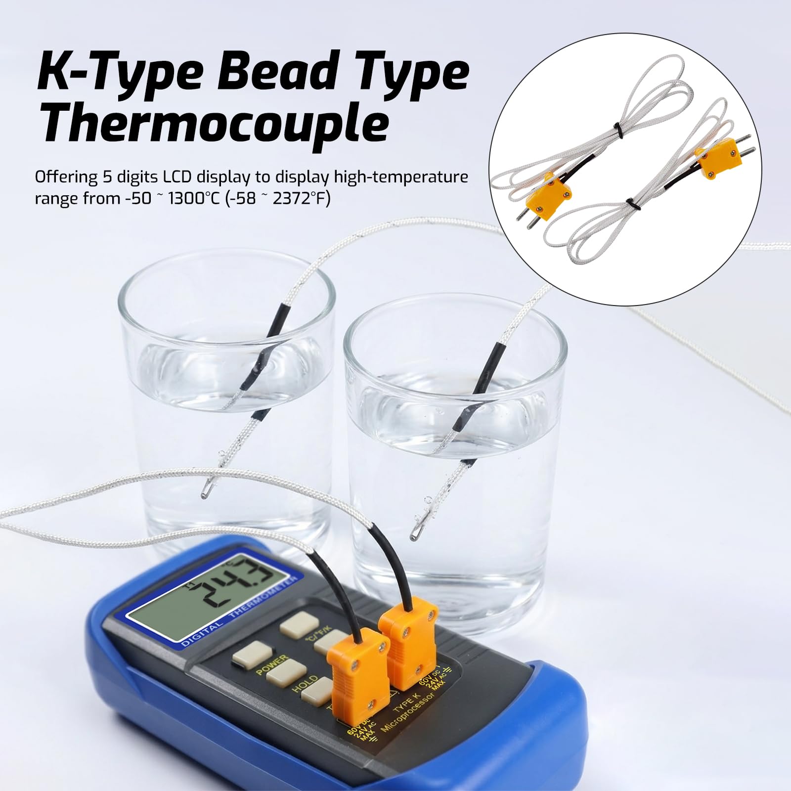 Thermomètre Numérique de type K Thermomètre à Thermocouple à Double Canal avec 2 Thermocouples et 2 Pinces Thermométriques, Plage de Mesure : -50 à 1300 °C (-58 à 2372 °F), Mesure à Haute Température