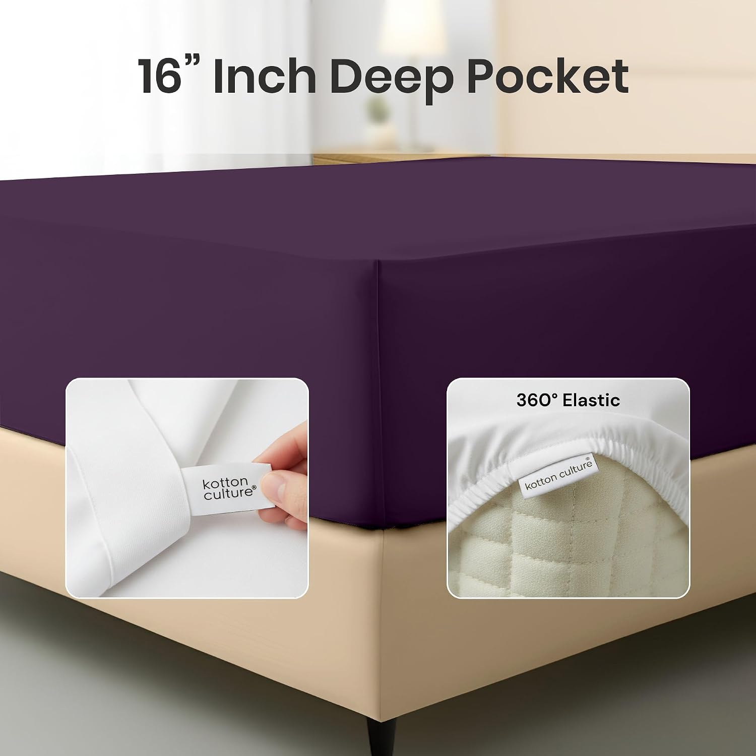 Kotton Culture Queen Size Fitted Sheet Plum, 100% Egyptian Cotton 600 Thread Count Sateen Weave, 16" Deep Pockets, Durable Fitted Sheet Only (Queen, Plum)