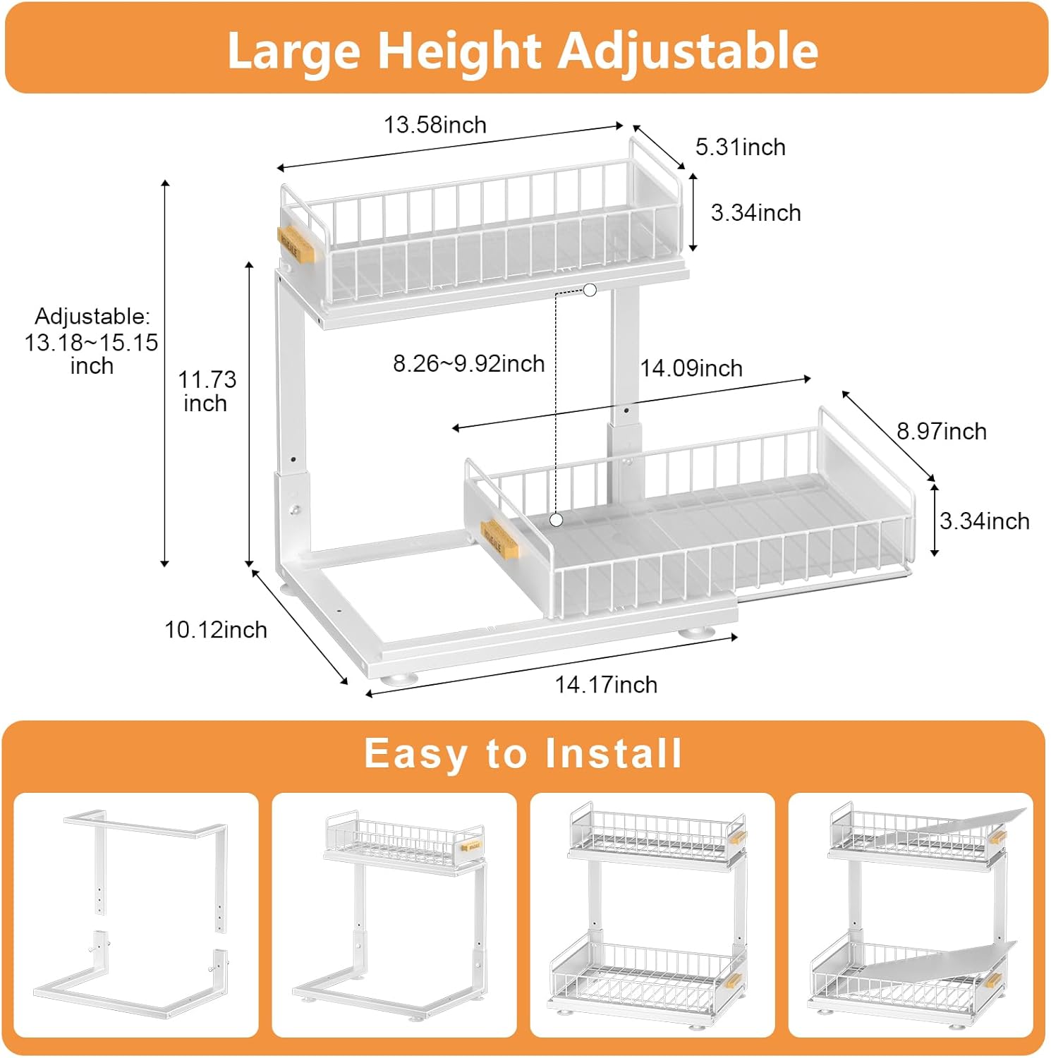 Under Sink Organizer, High Adjustable 2 Tier Under Kitchen Sink Organizer, Multi-Purpose Storage Shelf for Kitchen Bathroom Cabinet, White - Image 4