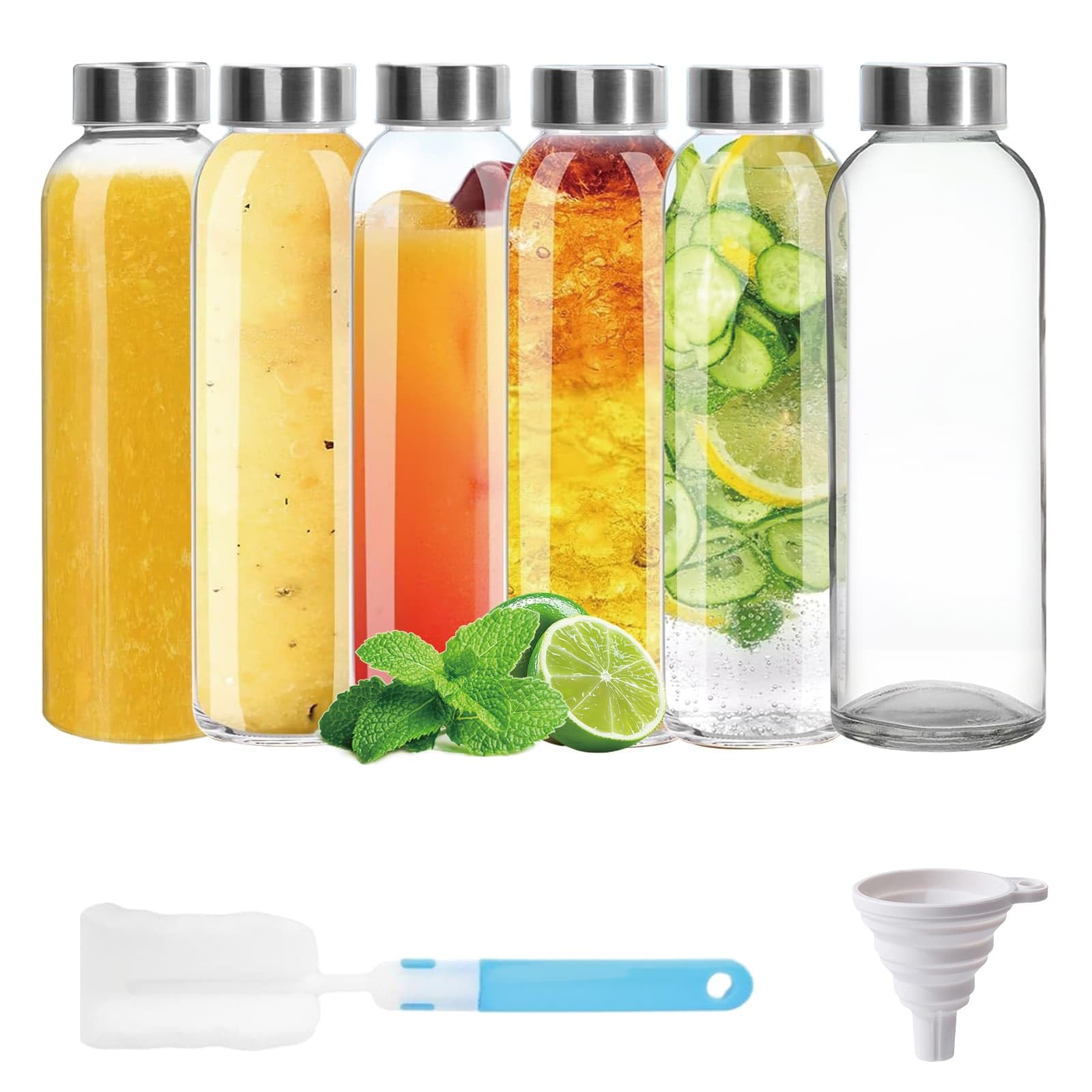 Dyuee Clear Glass Water Bottles With Lids, 6 Pack 500Ml Leakproof Lids Glass Jar