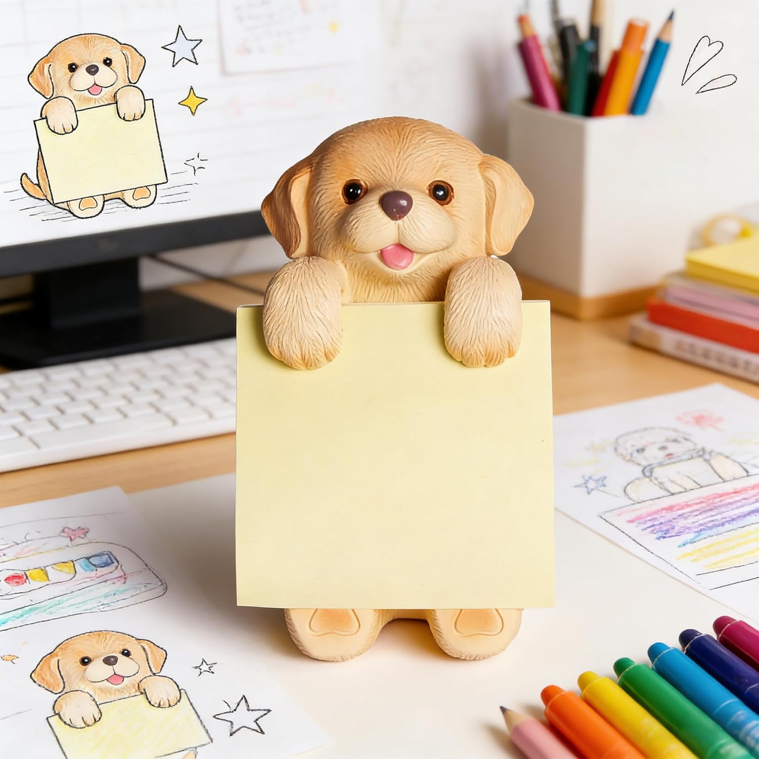 Dog Pop-up Sticky Note Dispenser, Includes 1 Pad of 3x3 in Super Sticky Notes, 100 Sheets, Resin Cute Handmade Desk Holder for Office & Home - Golden Retriever