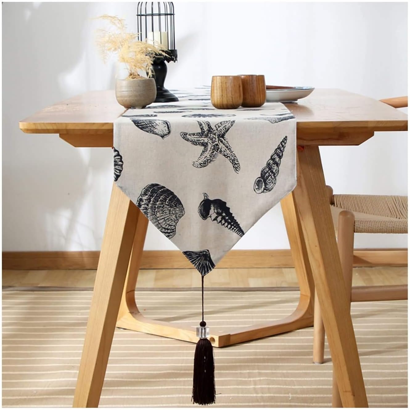 Table Runner Small Rectangle Table,33x180CM,Snail and Cocha with Tassel Table Runner Modern Cotton,Table Runner Decor Gray