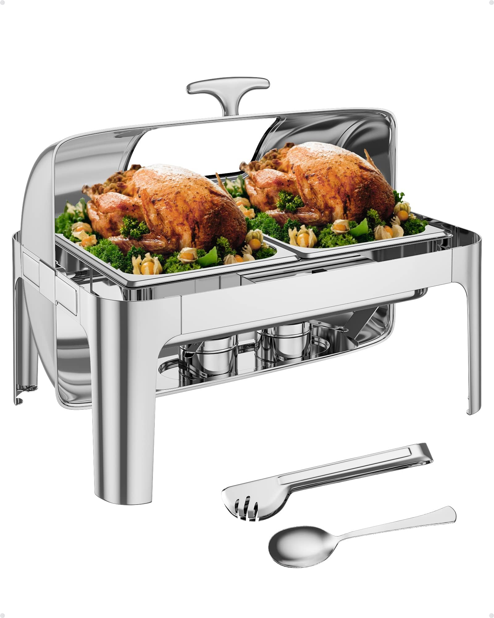 Rectangular Roll Top Chafing Dish Buffet Set, 9QT Stainless Steel Chafing Dish Set Equipped with 2 Half Size Pans, Catering Warmer Server with Visible Lid Water Pan Stand Fuel Holder Clip