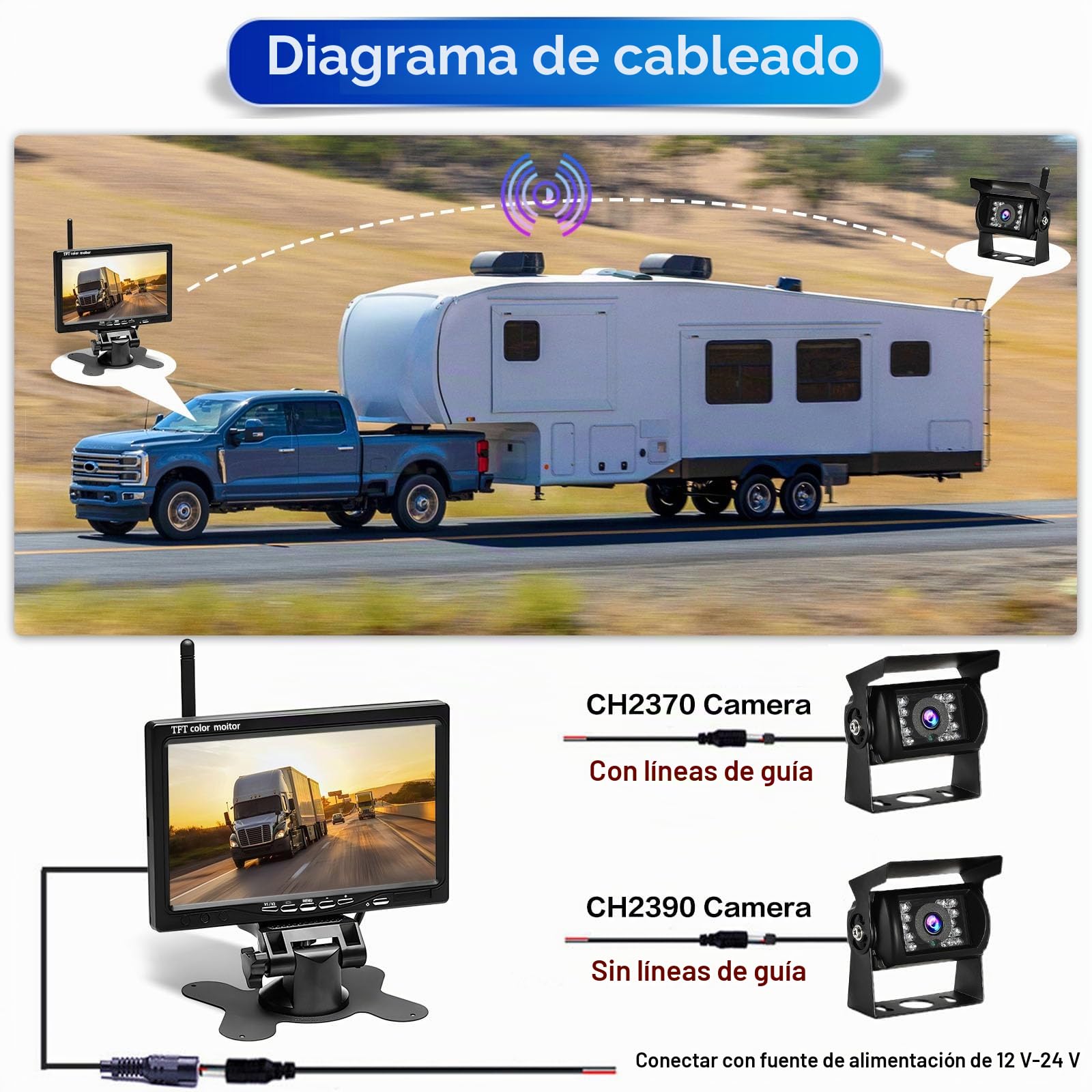 Hikity Kit de Cámara Trasera Inalámbrica para Coche, Monitor de 7 Pulgadas con Doble Cámara Trasera Impermeable con Visión Nocturna y Gran Angular para RV Camión, Autobús