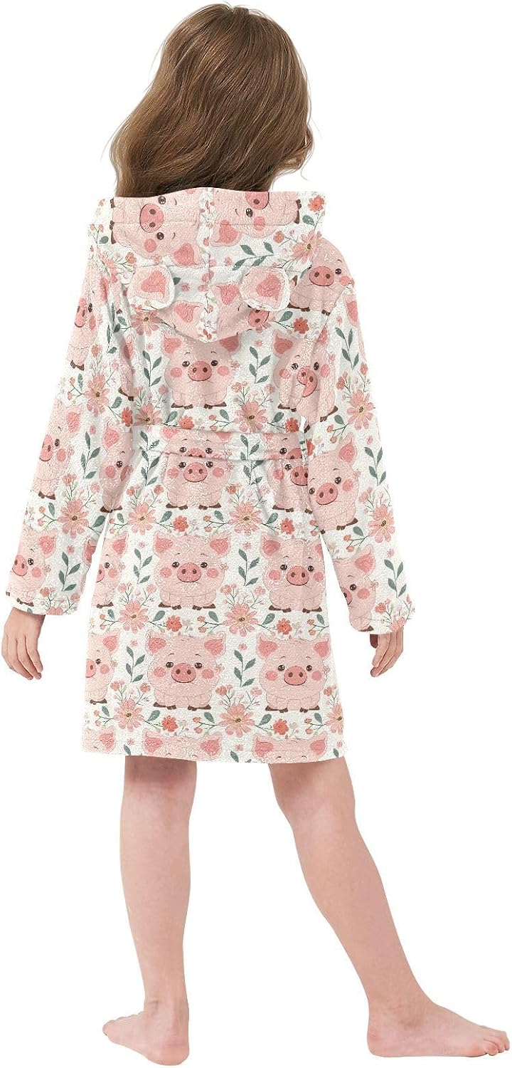 senya Cute Pig with Flower Z Toddler Hooded Bathrobe Kids Soft Plush Bath Towel Robes for Boys Girls 2-12 Years
