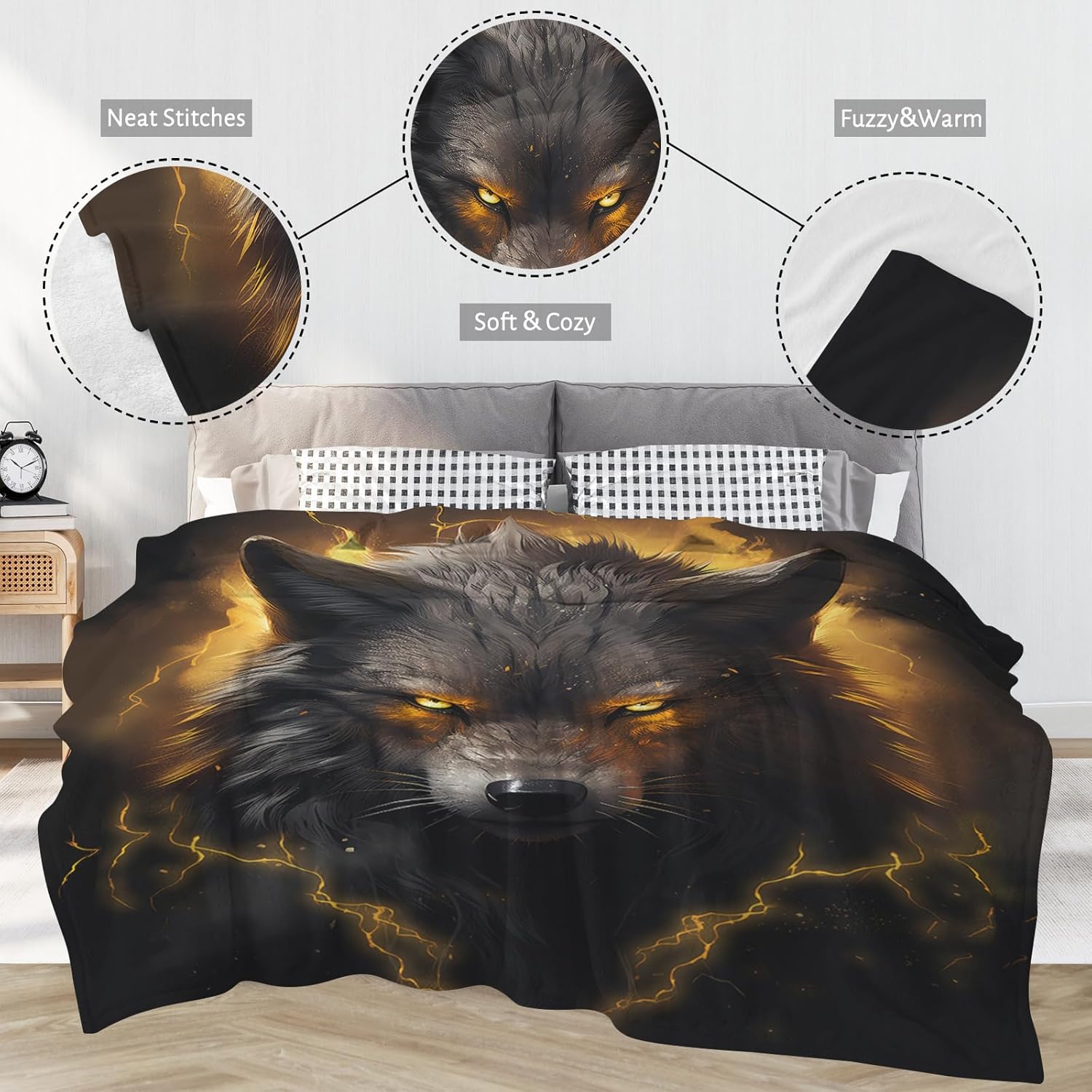 Huke Wolf Gifts Blanket, Black Gold Fire Lightning Wolf Throw Blankets,Wolf Gifts for Men Women Kids, Unique Wolf Gifts for Wolf Lovers, Wolf Gifts for Boys Girls, Cool Wolf Decor,50"X40" - Image 3